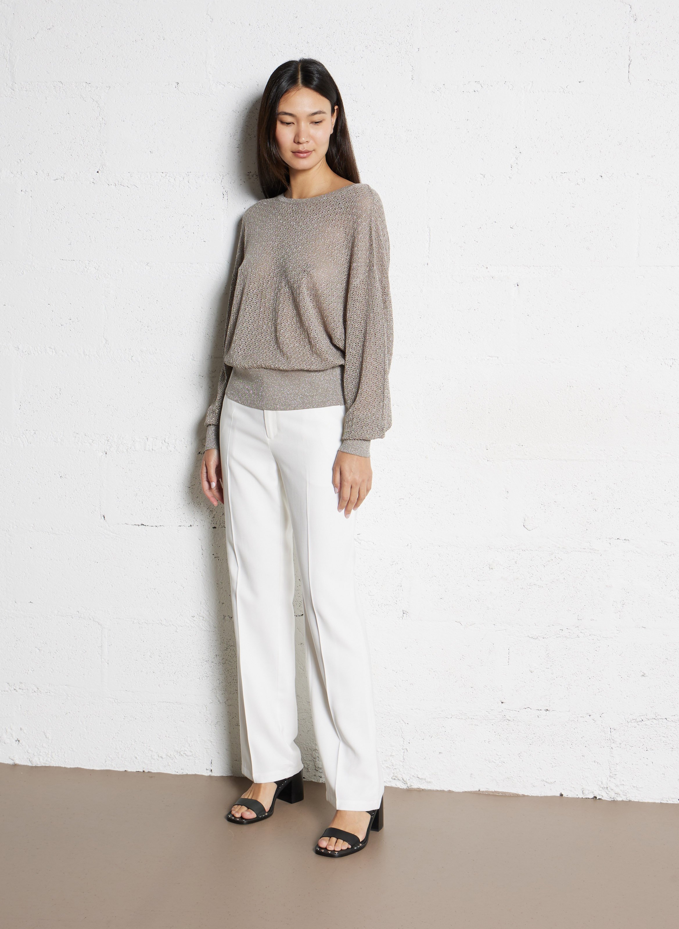 Pull oversize col rond en maille pailletée IKKS Beige
