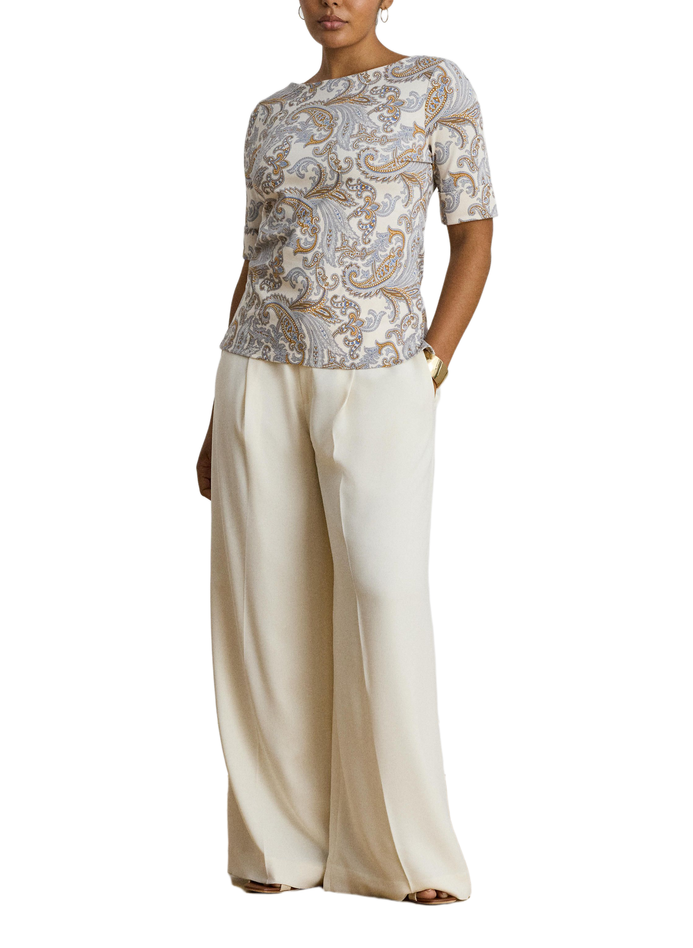 Printed boat neck t-shirt in blended cotton LAUREN White