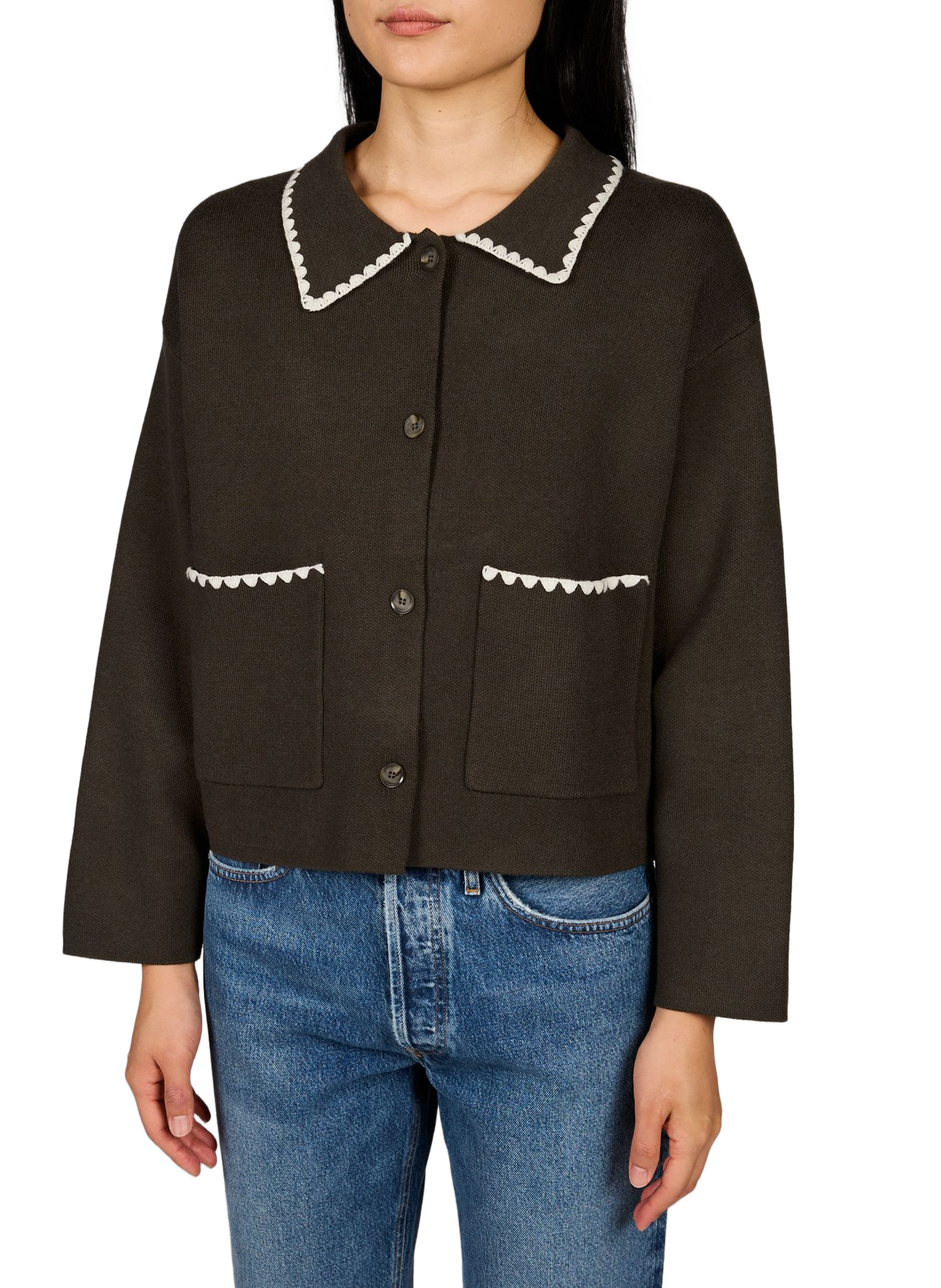 Gerade geschnittener Cardigan mit bestickten Kanten ARTLOVE Khaki