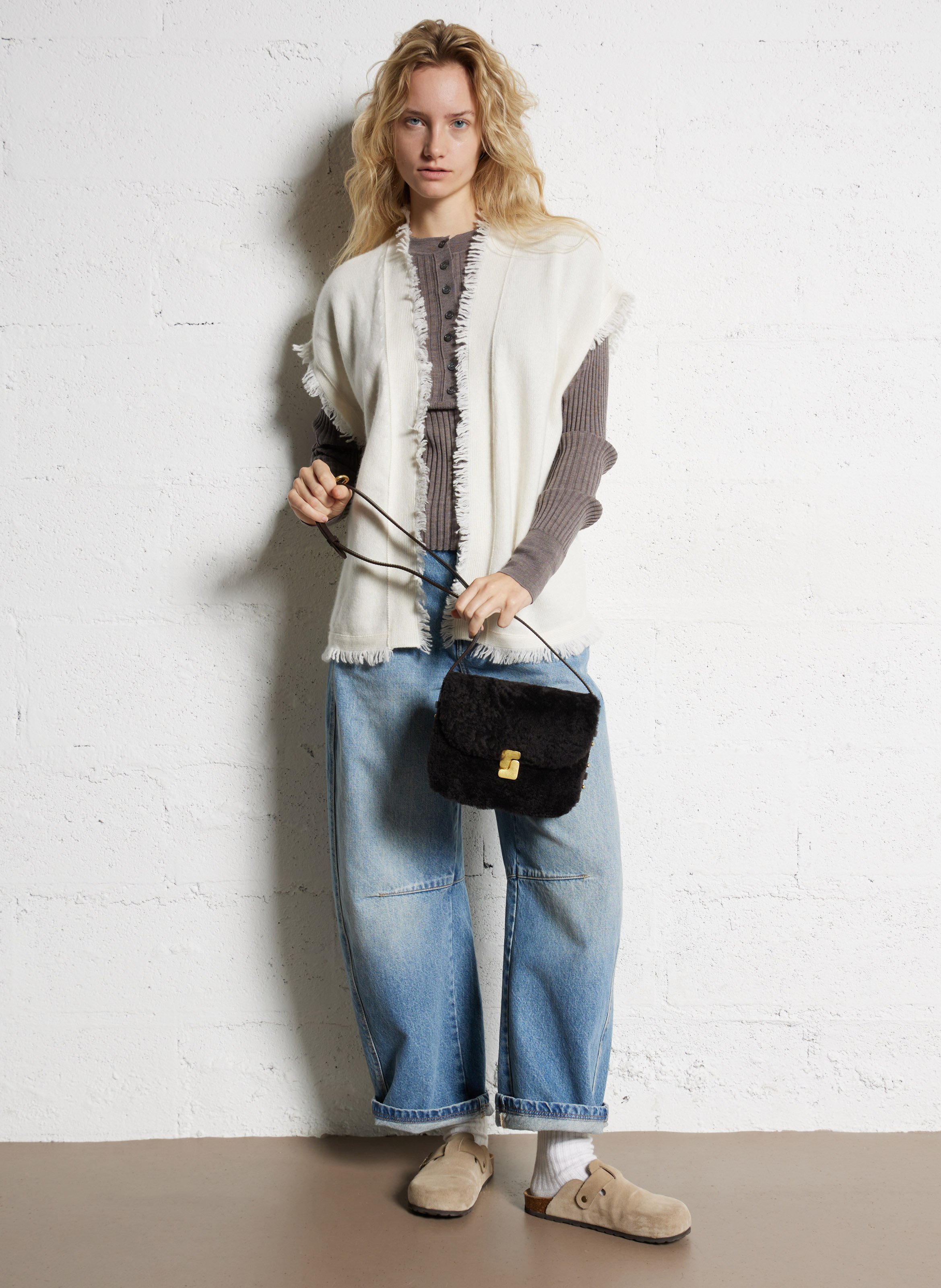 Sac bi-matière en cuir glacé et shearling bellissima mini SOEUR Marron