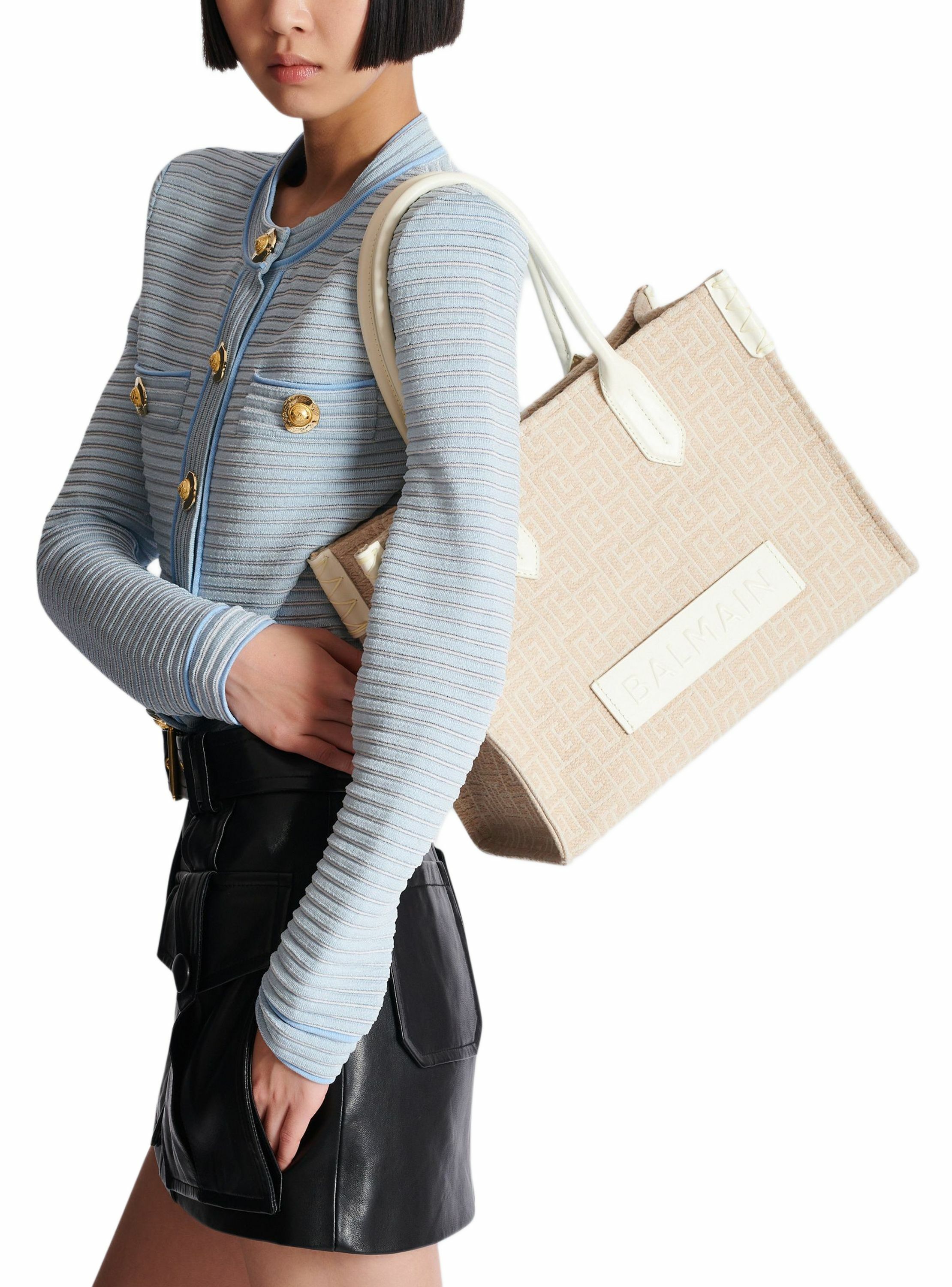 Sac cabas b-army 36 en toile jacquard monogrammée et cuir BALMAIN Beige