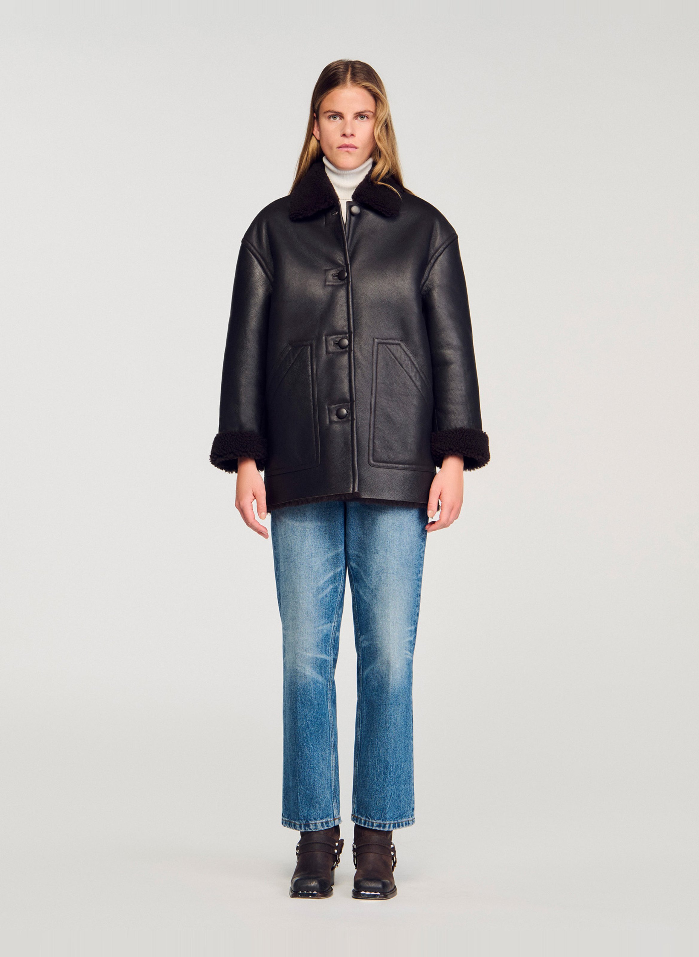 Veste col classique en cuir SANDRO Marron