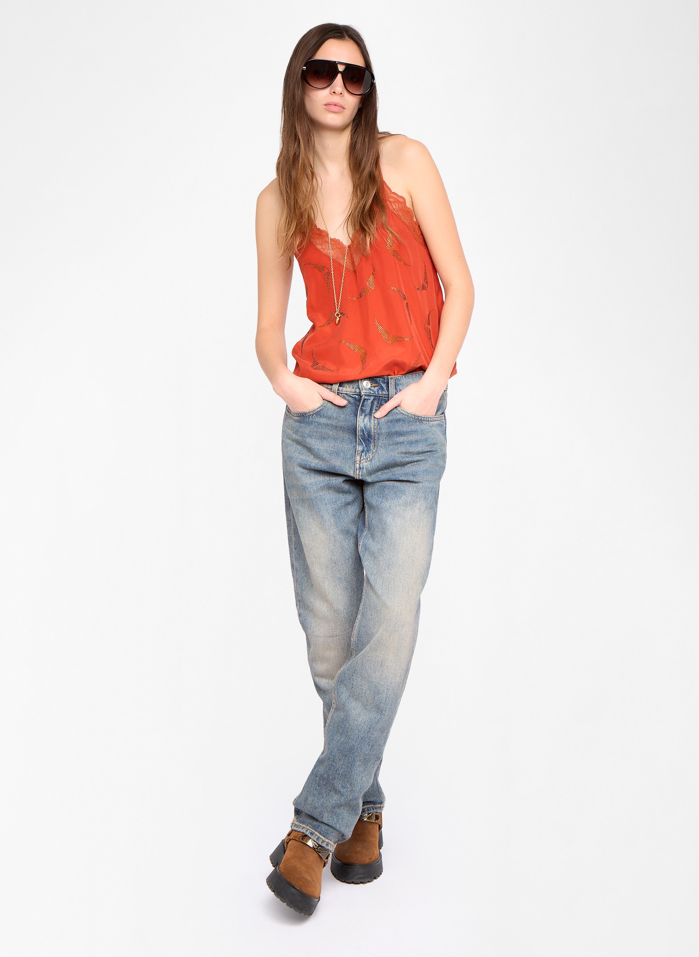 Top bretelles à strass et dentelle en soie christy ZADIG&VOLTAIRE Orange