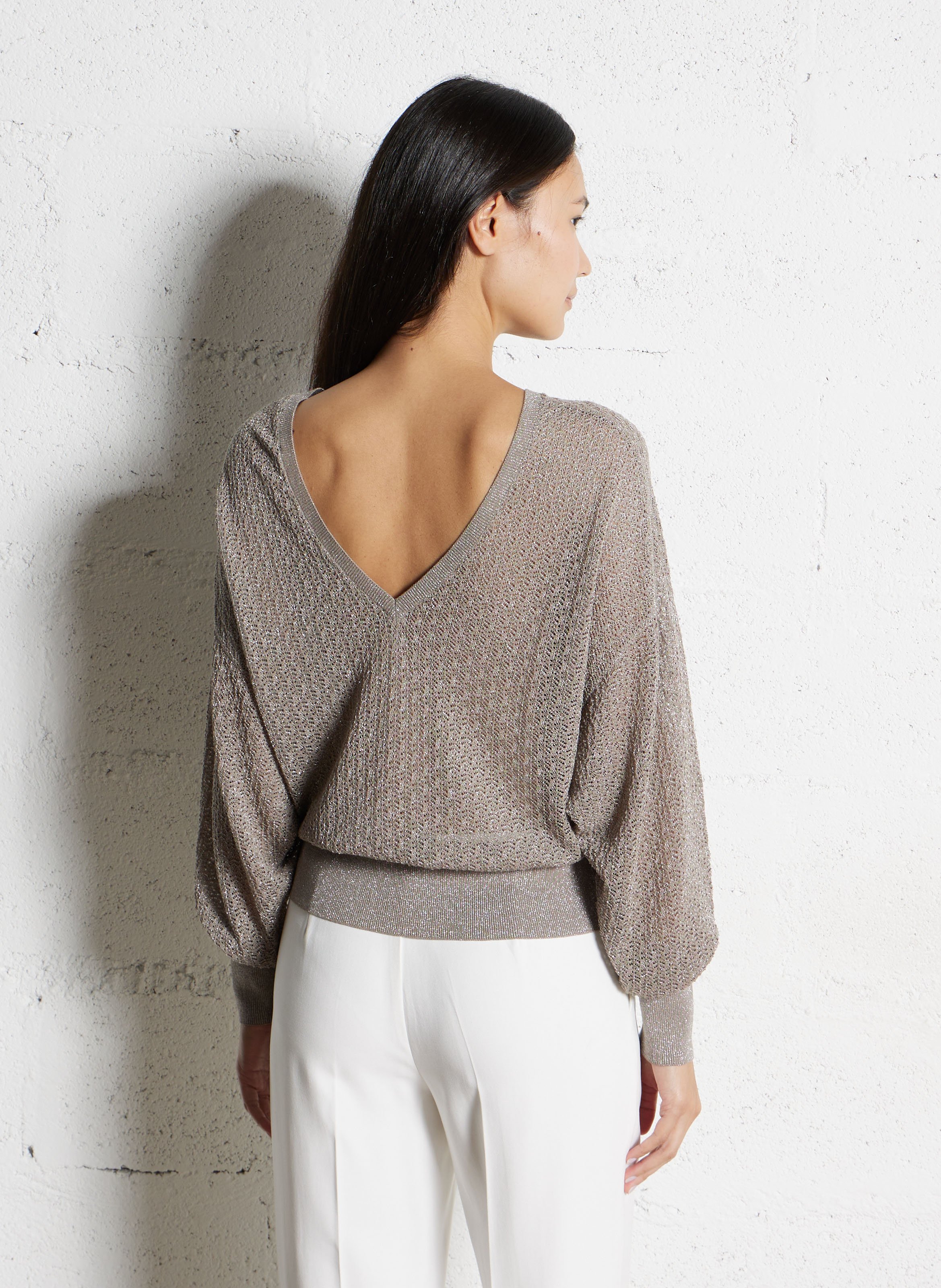Pull oversize col rond en maille pailletée IKKS Beige