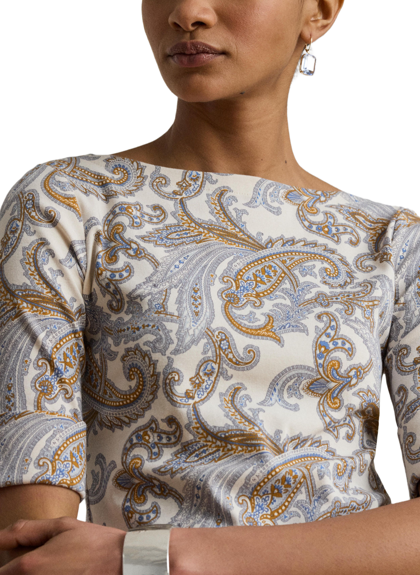 Printed boat neck t-shirt in blended cotton LAUREN White