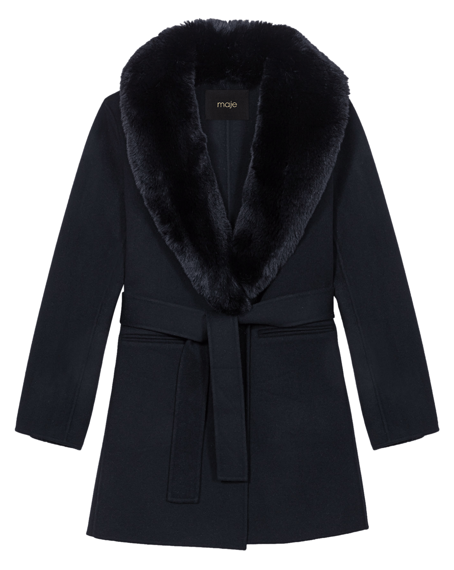 Manteau col effet fourrure en laine mélangée MAJE Noir