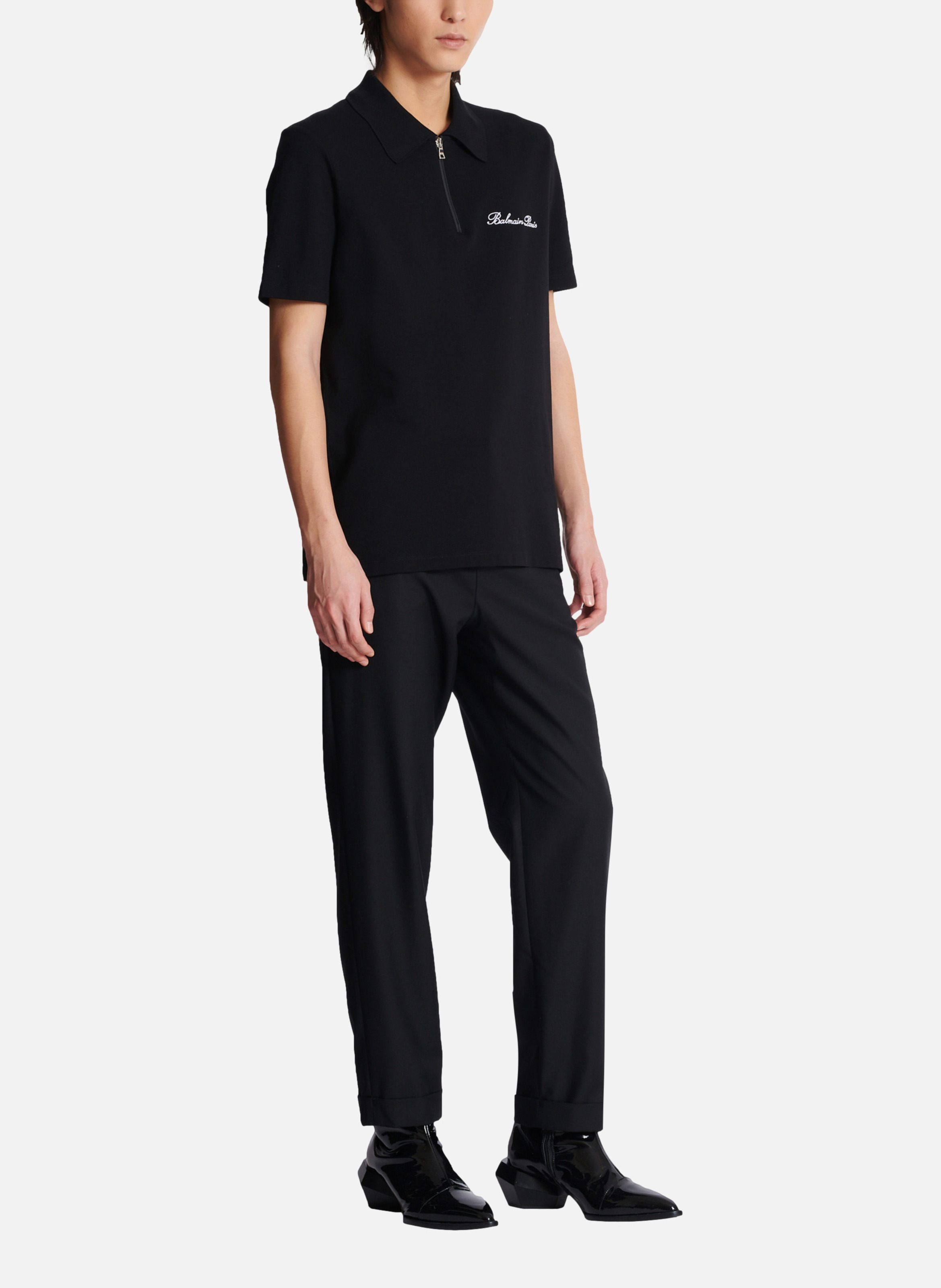 Polo à manches courtes avec broderie balmain signature Noir