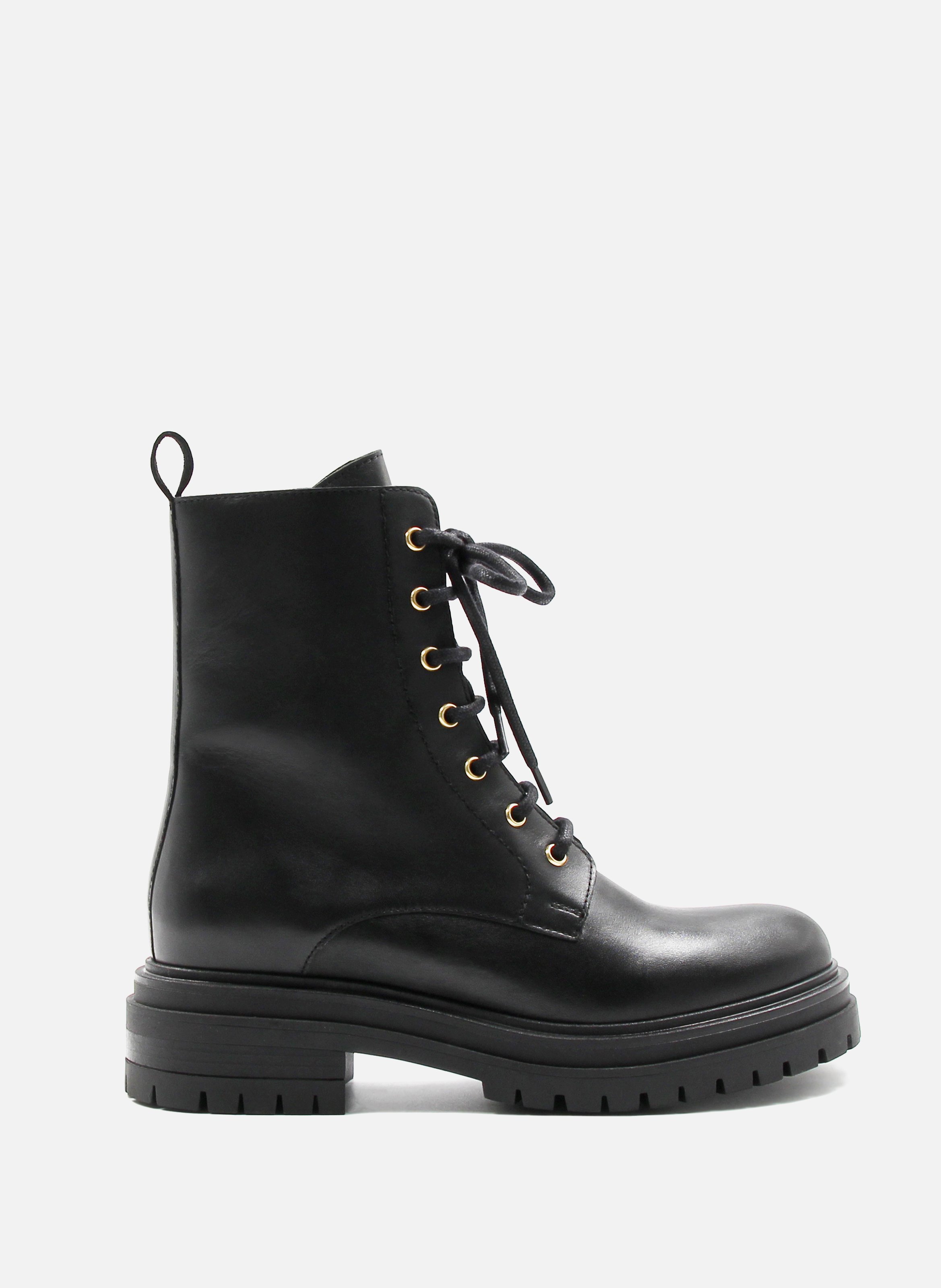 JULES & JENN Bottines ranger crantées cuir lisse Noir