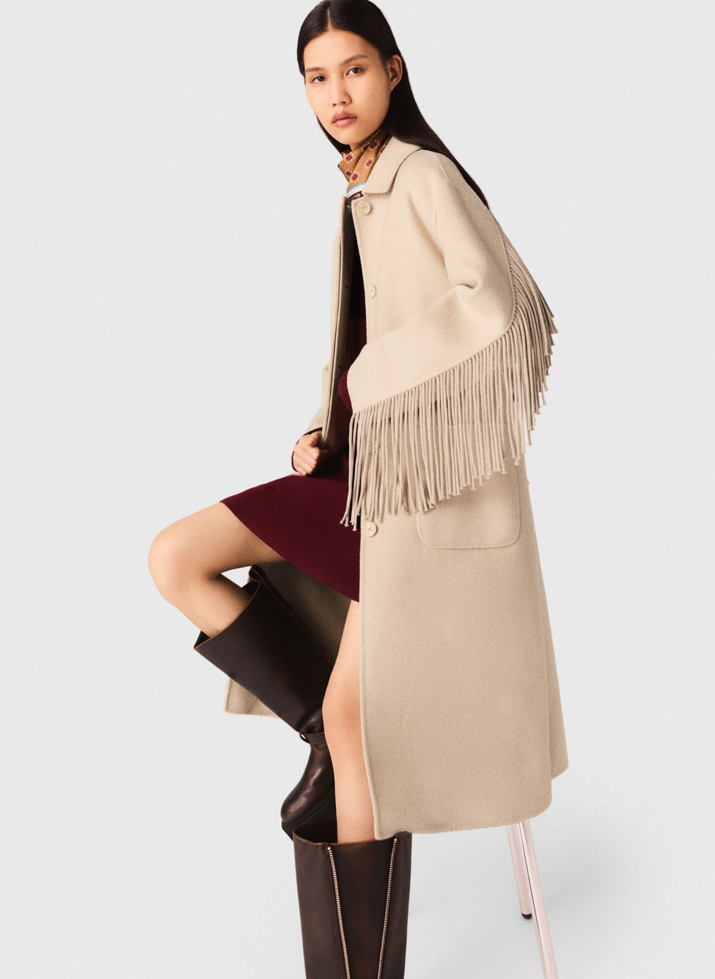 Manteau ceinturé uni à franges MAJE Beige