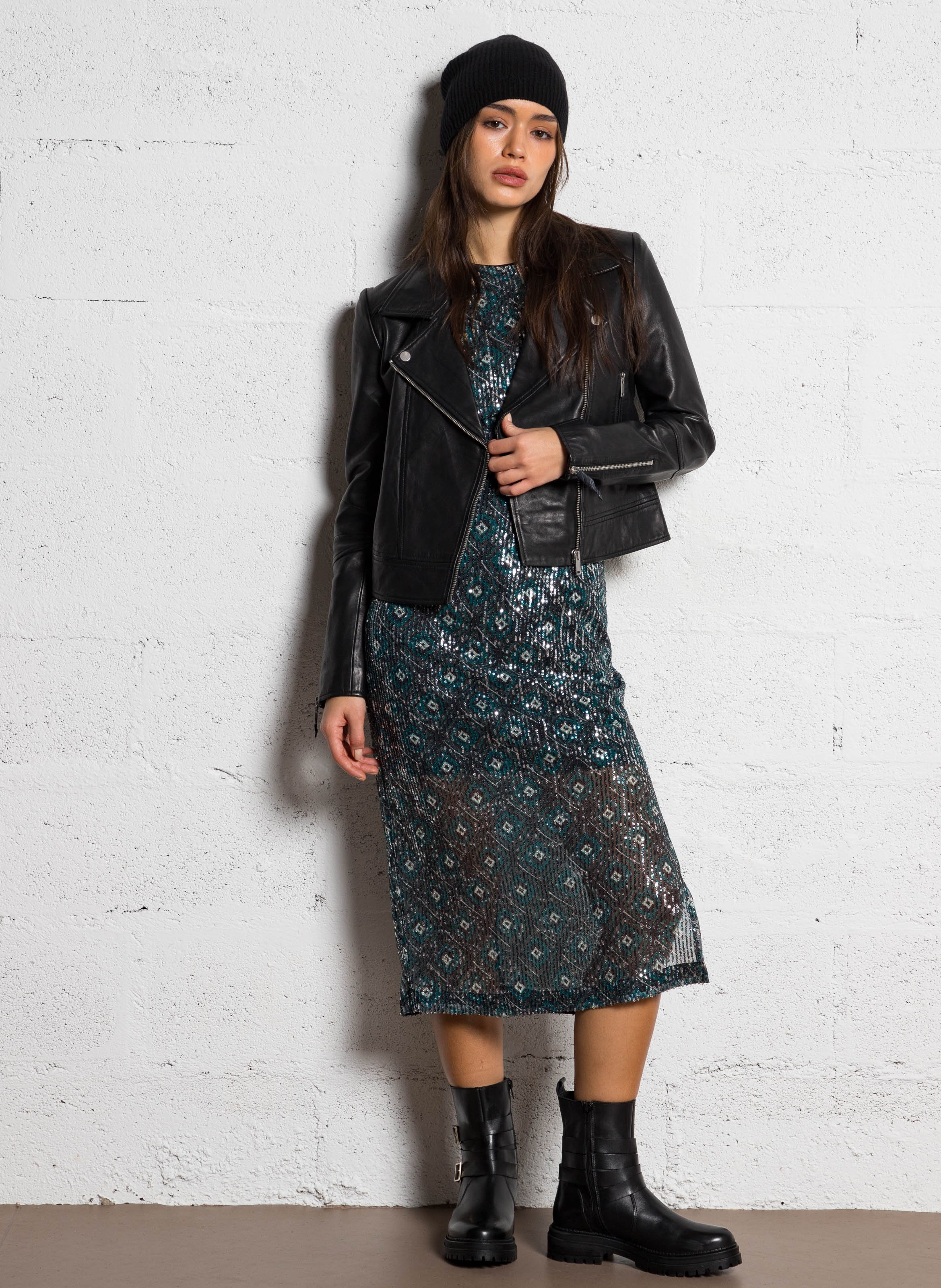 Blouson court zippé en cuir d'agneau IKKS Noir