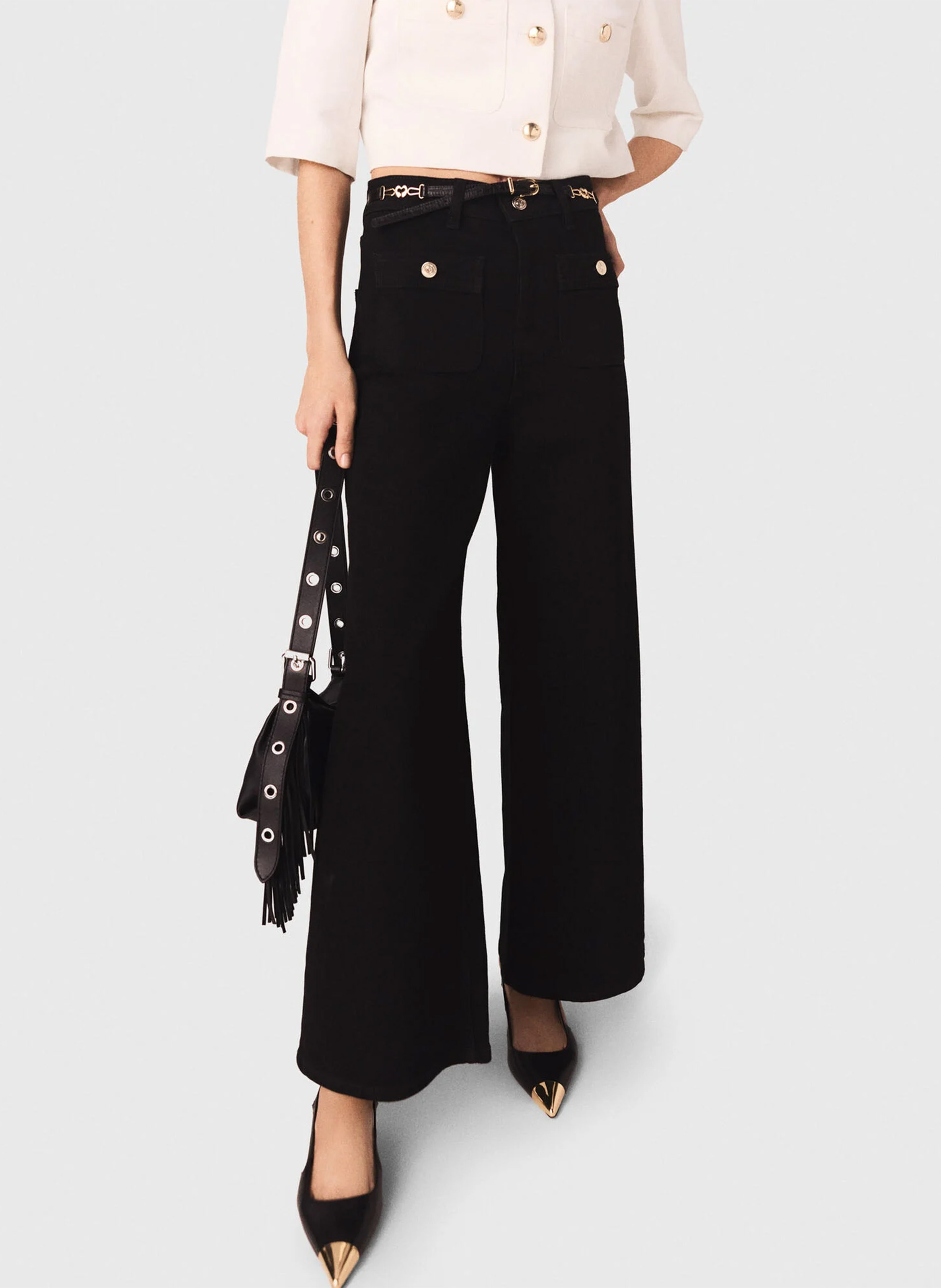 Jean flare taille haute en coton mélangé MAJE Noir