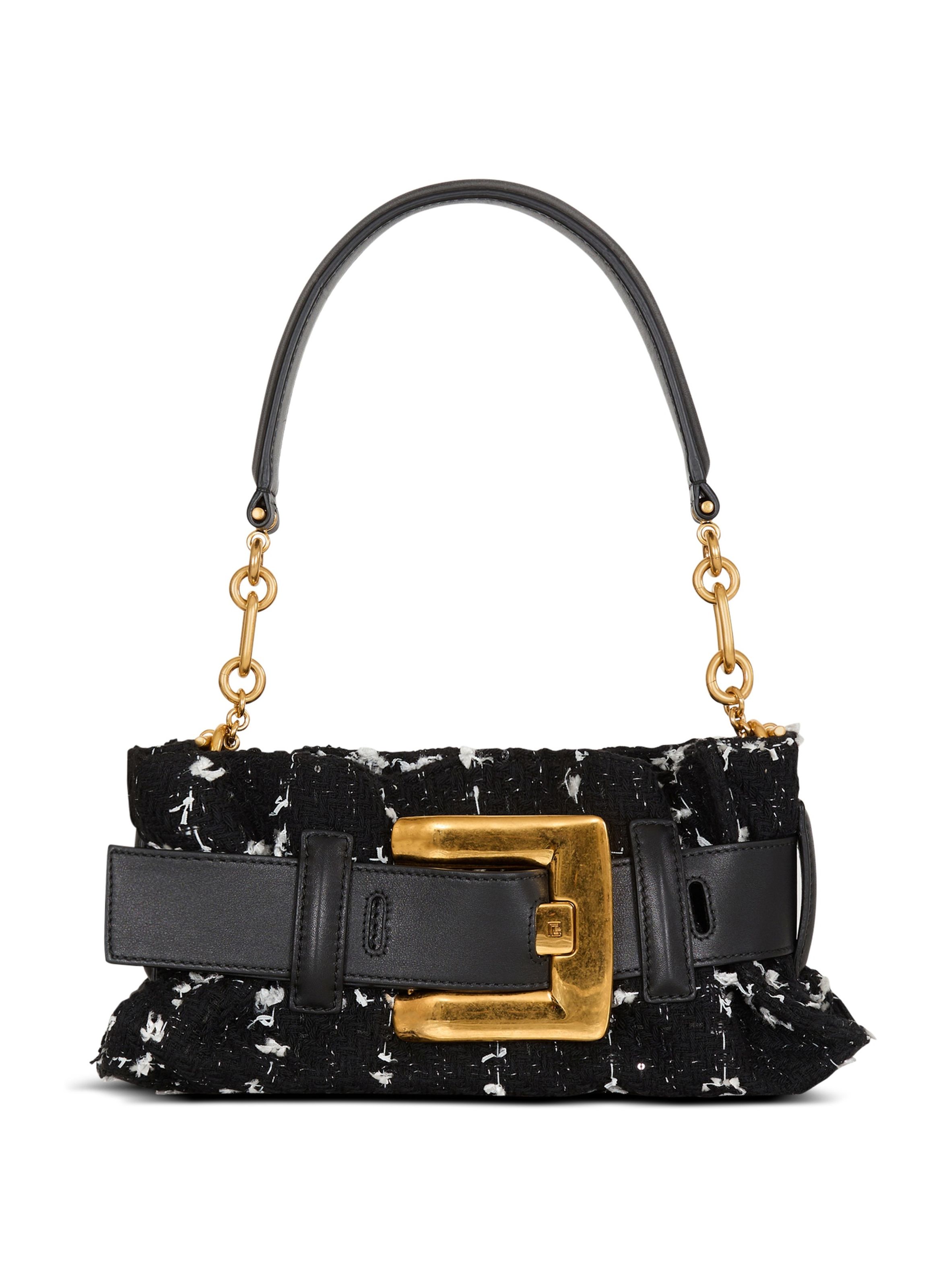 Sac anthem mini en tweed et cuir lisse BALMAIN Noir