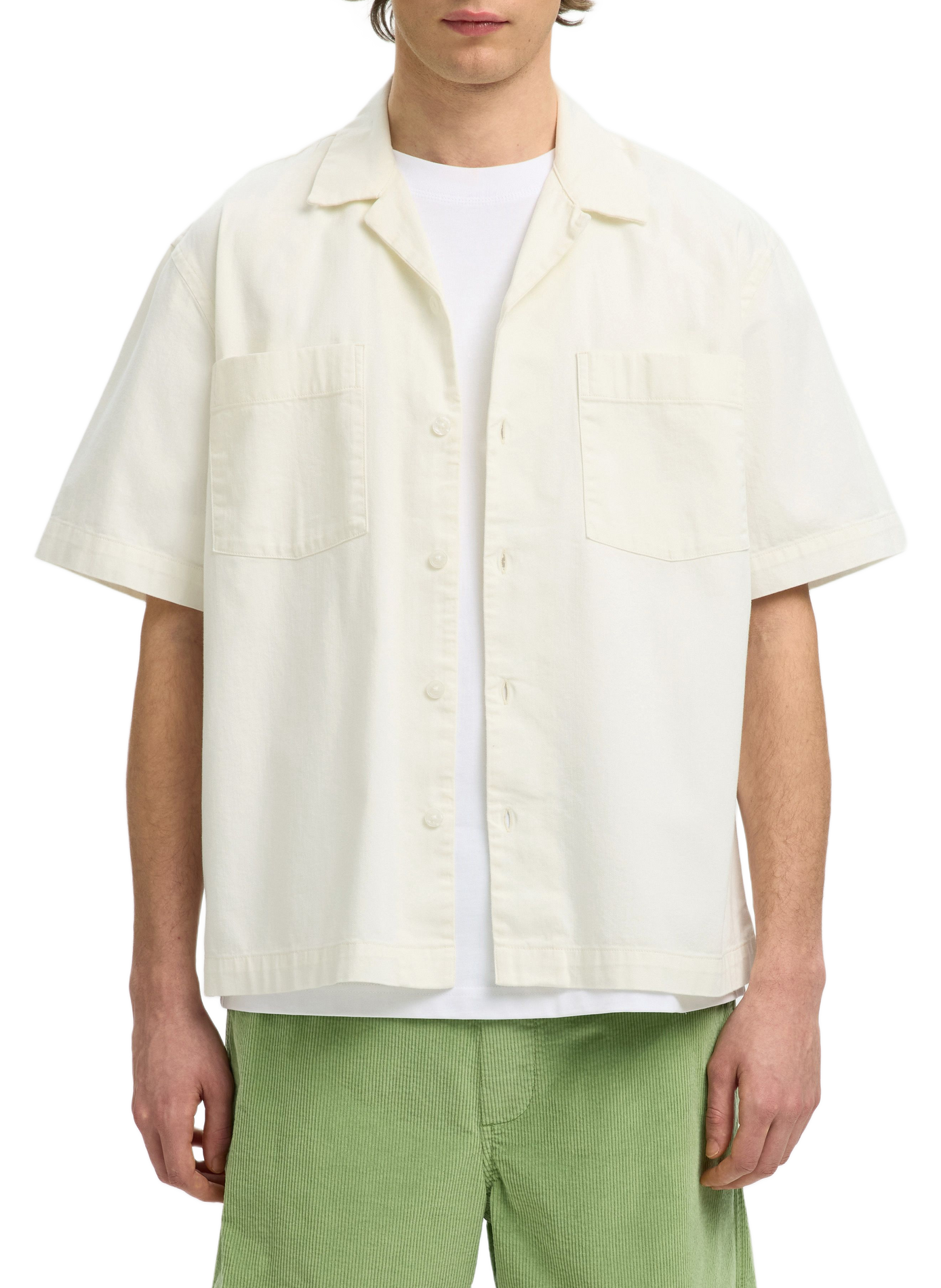 Short-sleeved Cuban collar shirt in cotton SELECTED Beige