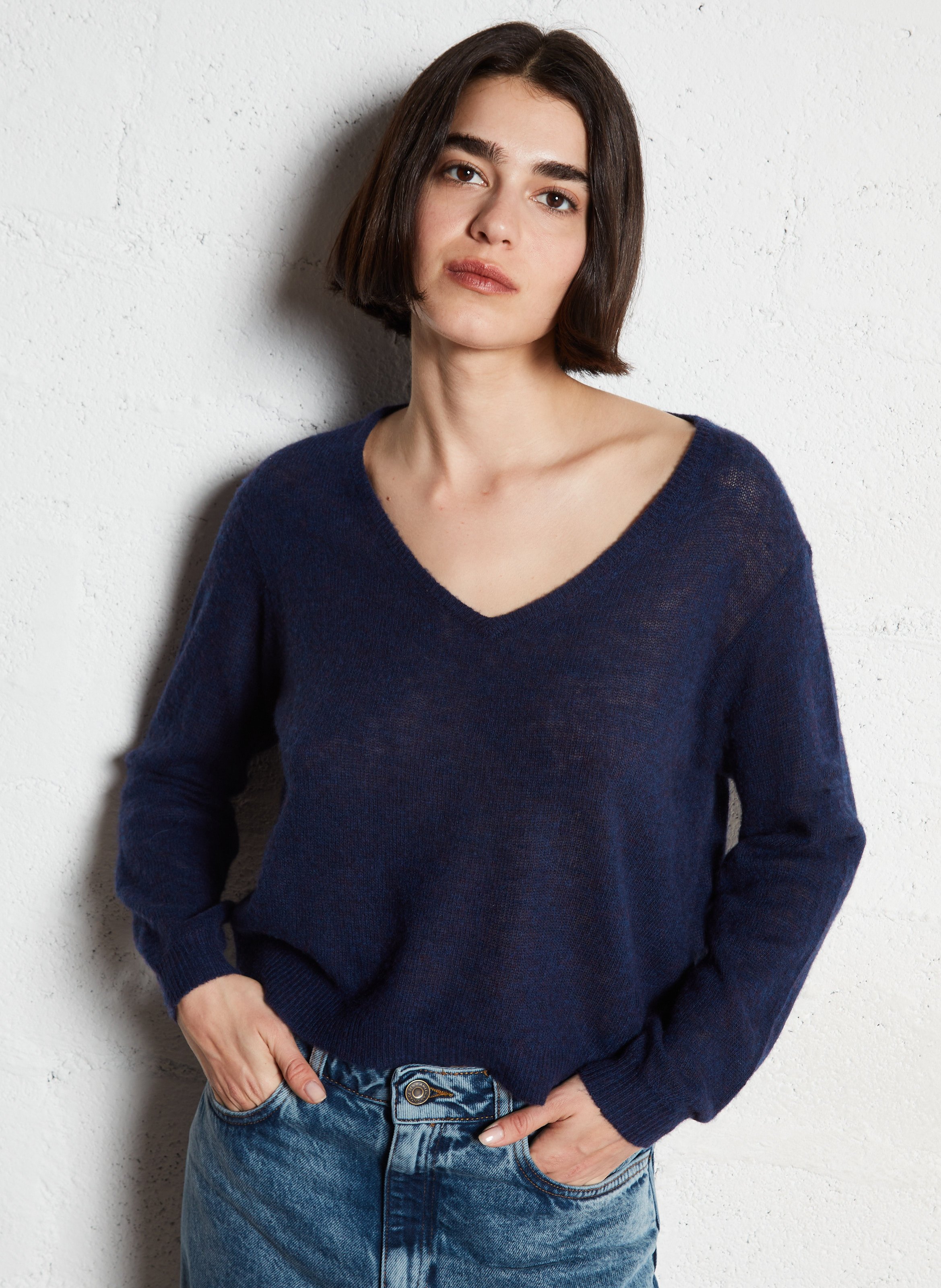 Pull court col v en laine mélangé dumy AMERICAN VINTAGE Bleu