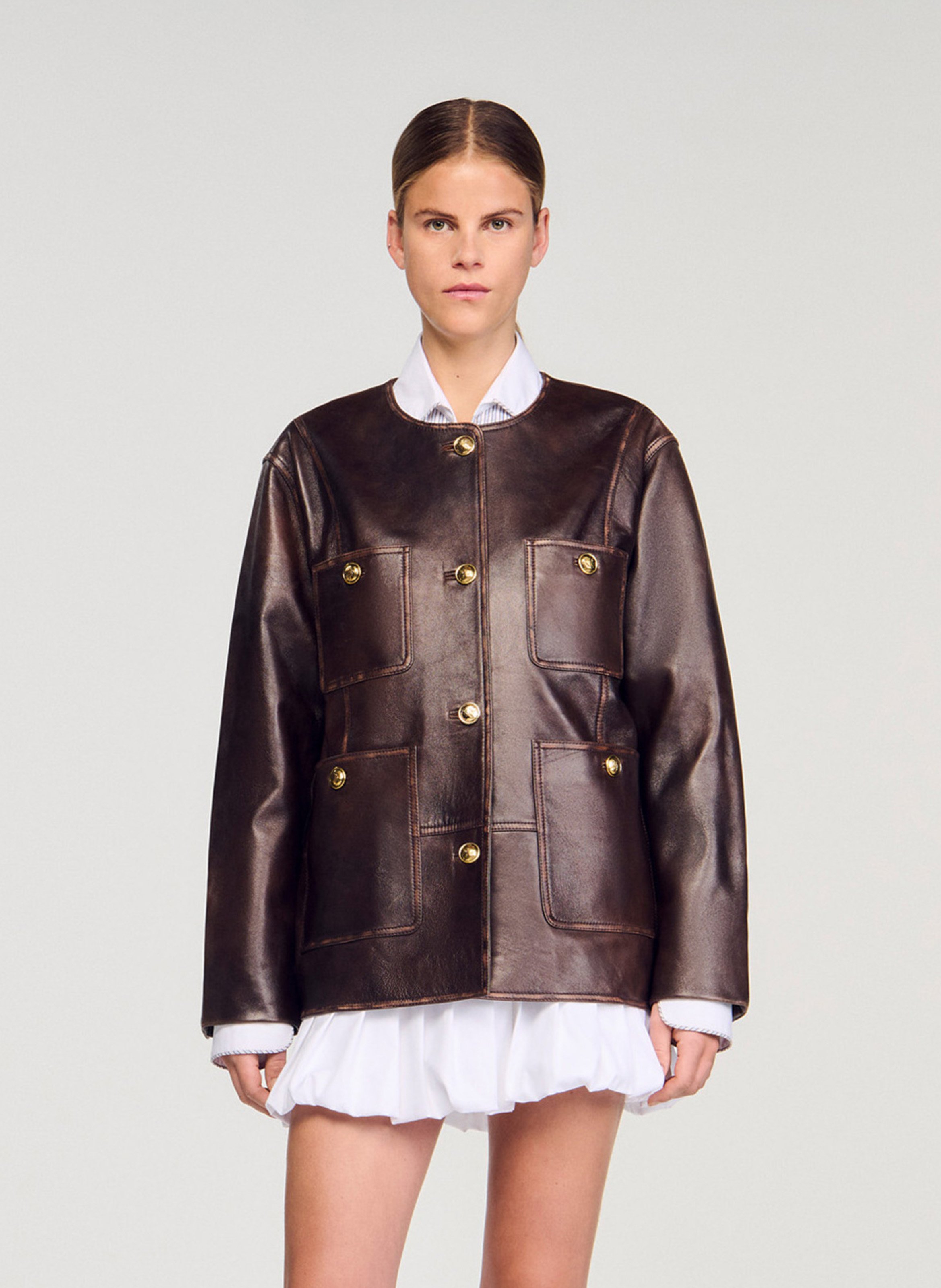 Blouson col rond en cuir SANDRO Marron