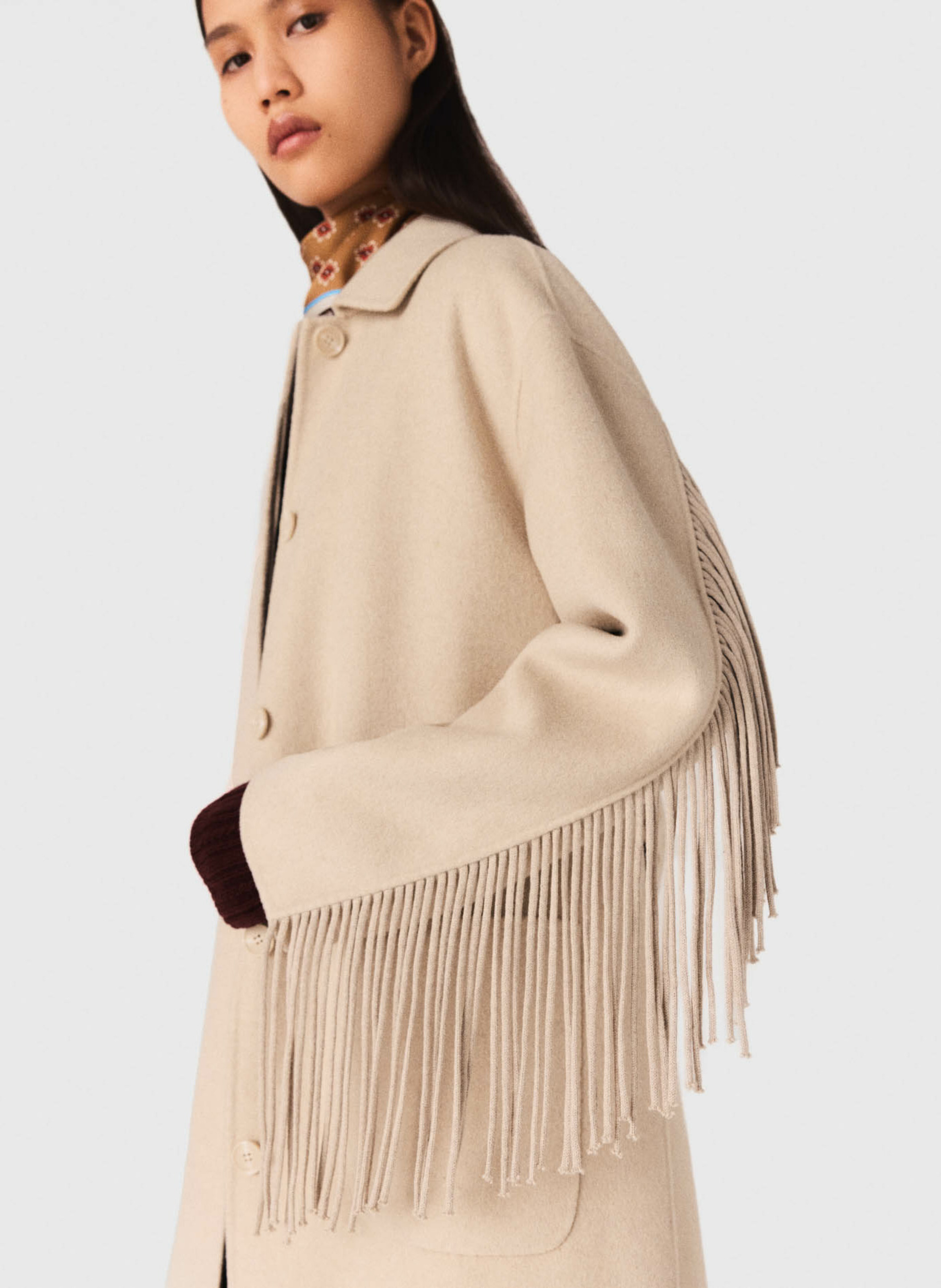 Manteau ceinturé uni à franges MAJE Beige