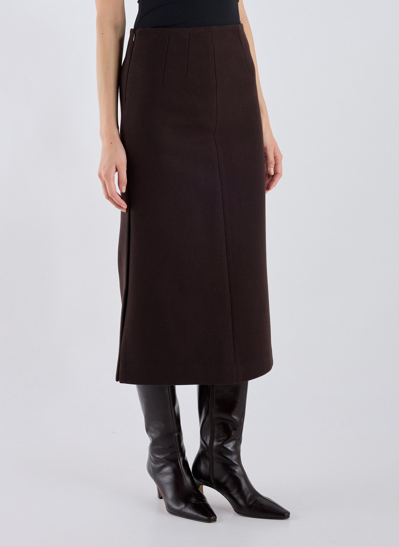 R2W Jupe midi droite en laine et cachemire mélangés Marron