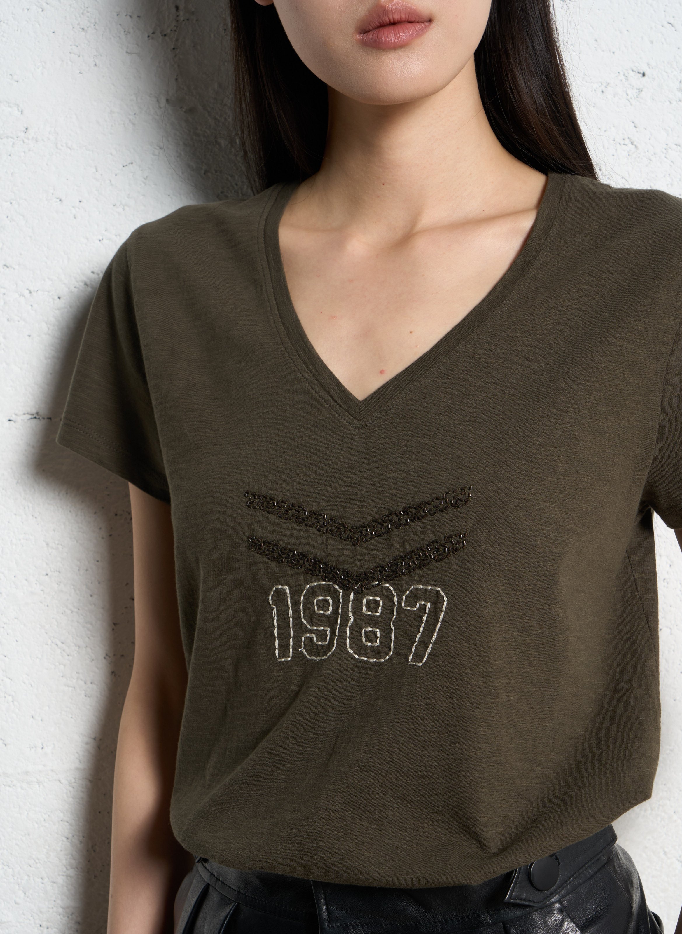 Tee-shirt col v en coton IKKS Kaki