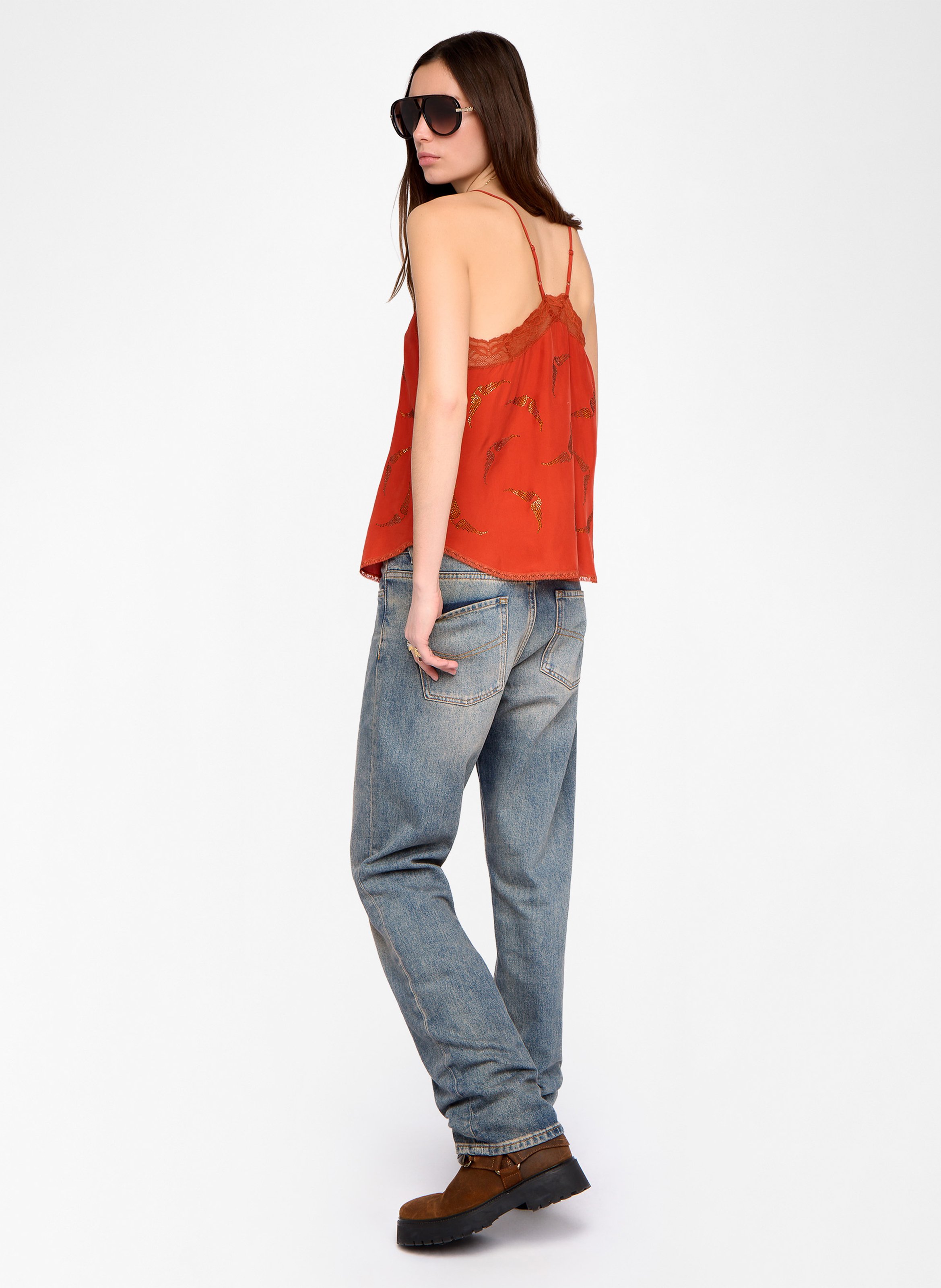 Top bretelles à strass et dentelle en soie christy ZADIG&VOLTAIRE Orange