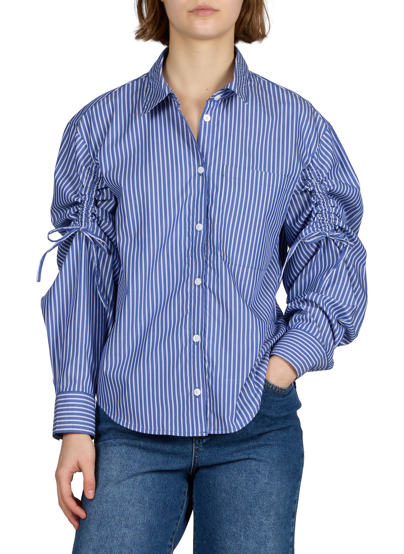 Chemise rayée à manches froncées en coton OBJECT Bleu