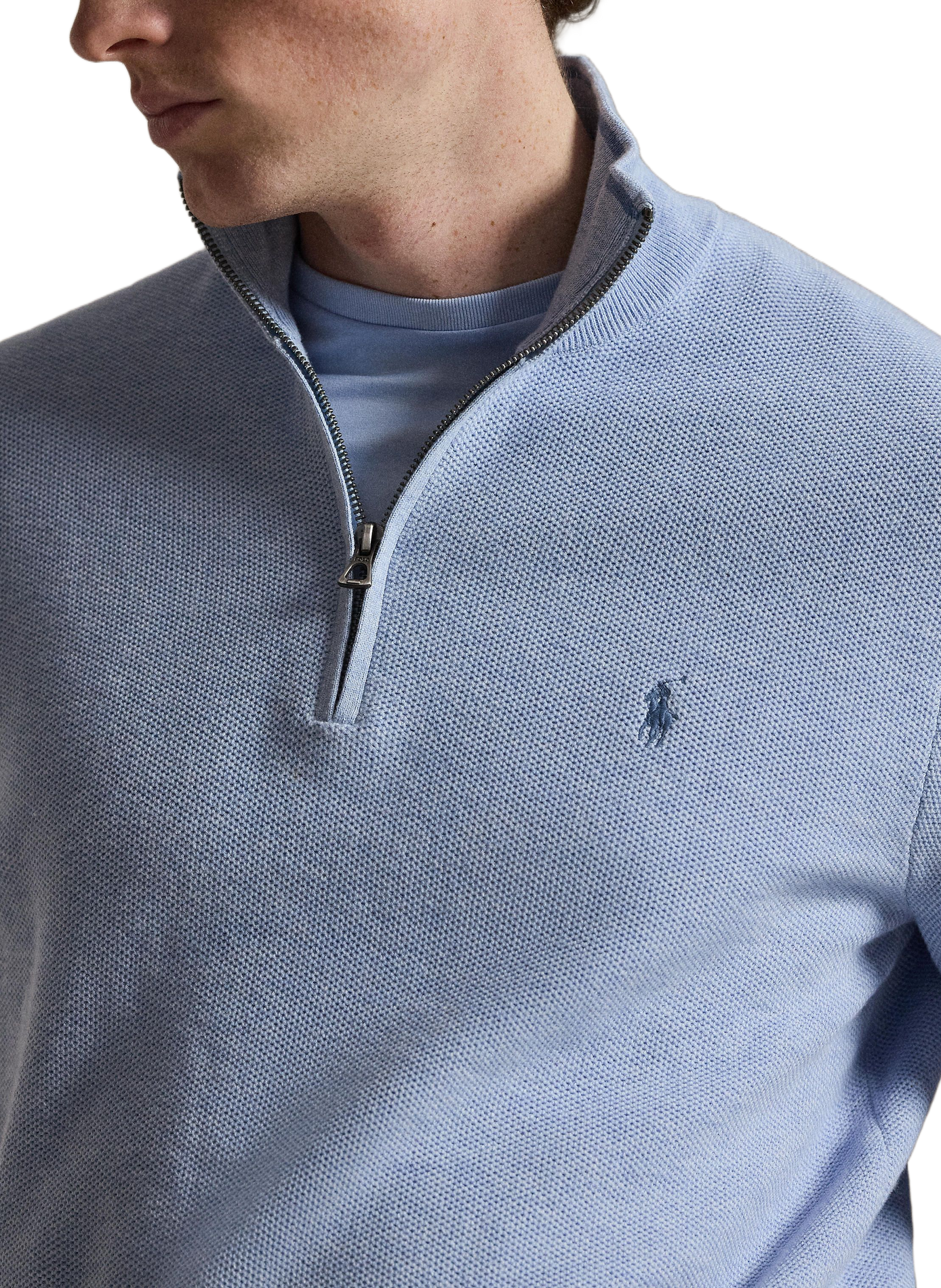 Cotton textured knit zip-up sweater. POLO RALPH LAUREN Blue
