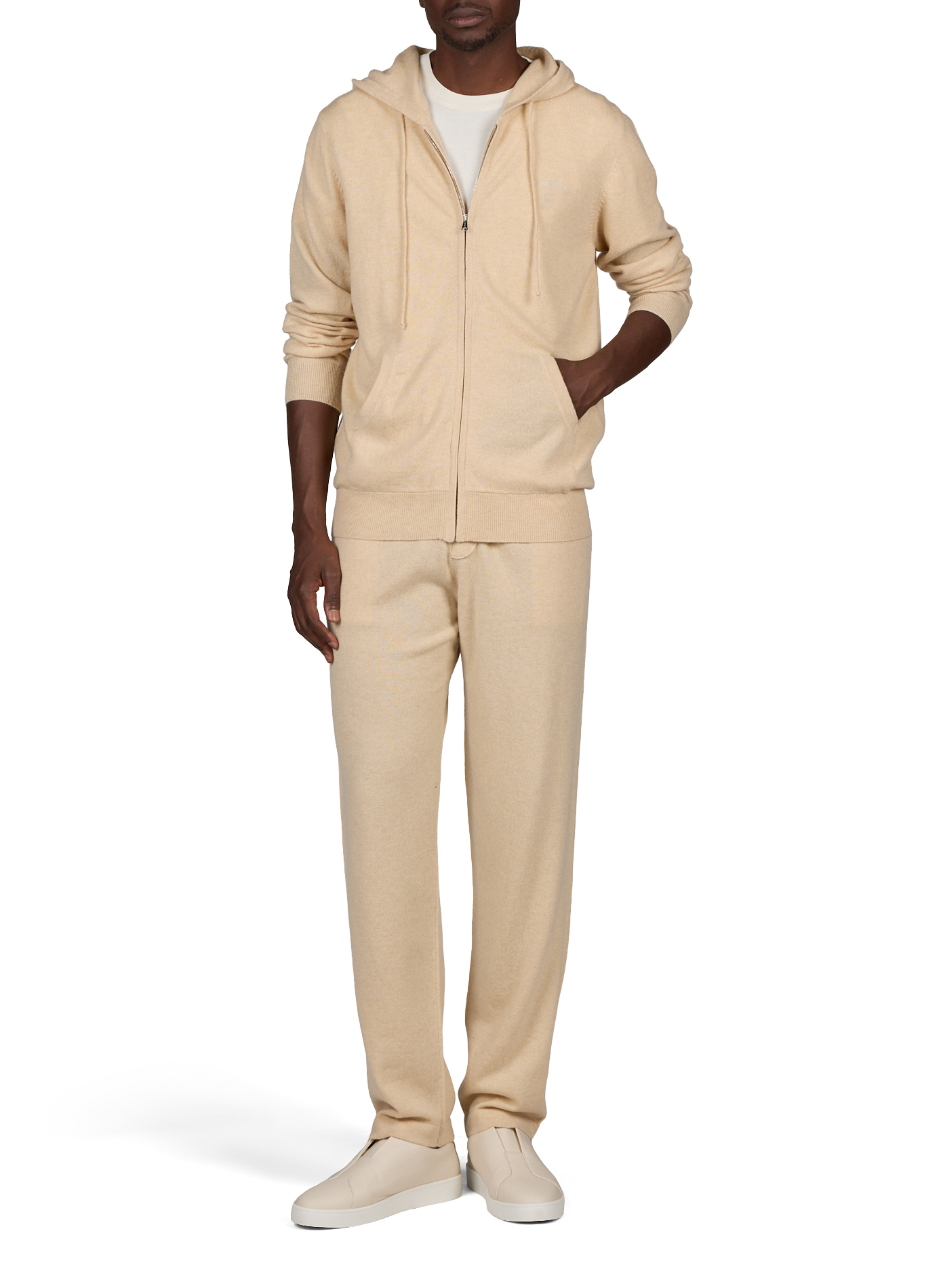 Straight hooded cardigan in fine cashmere knit AURELIEN Beige