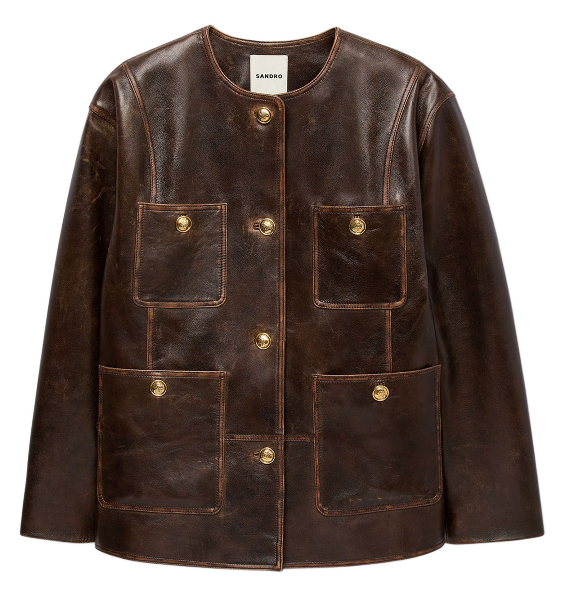 Blouson col rond en cuir SANDRO Marron