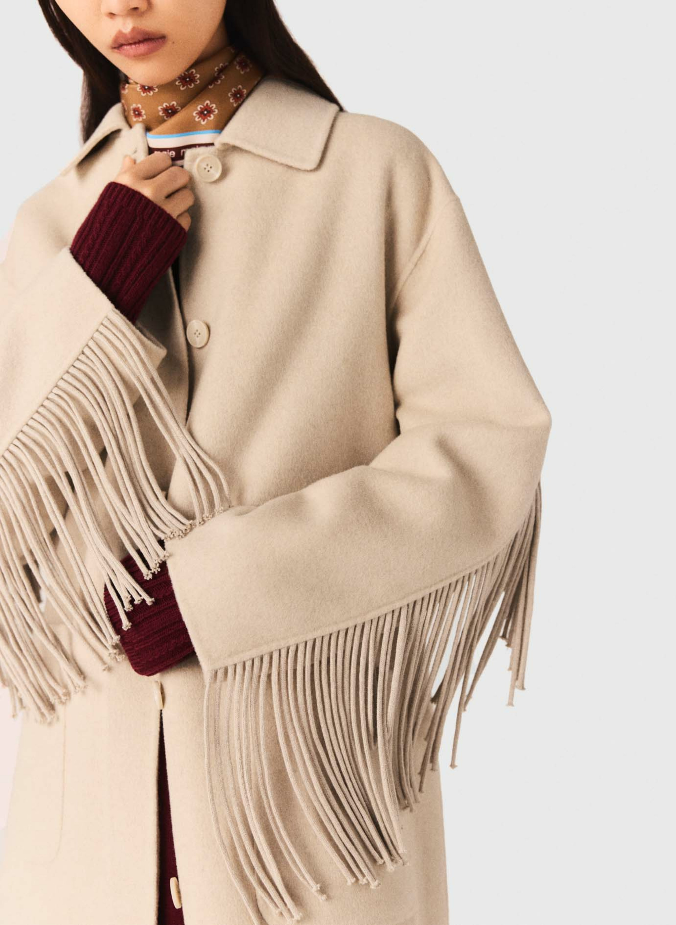 Manteau ceinturé uni à franges MAJE Beige