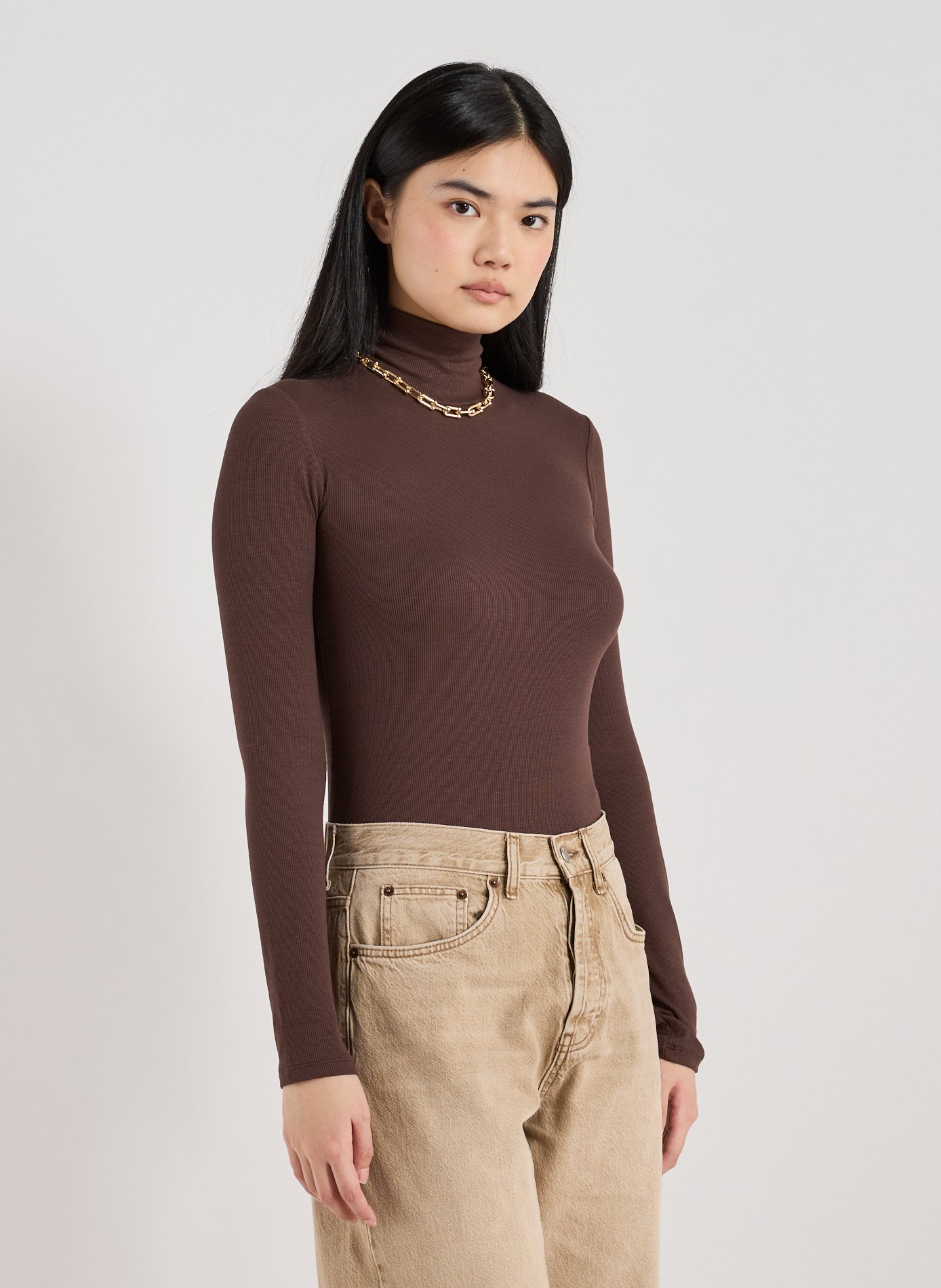 TOPSHOP Top col montant à manches longues Marron