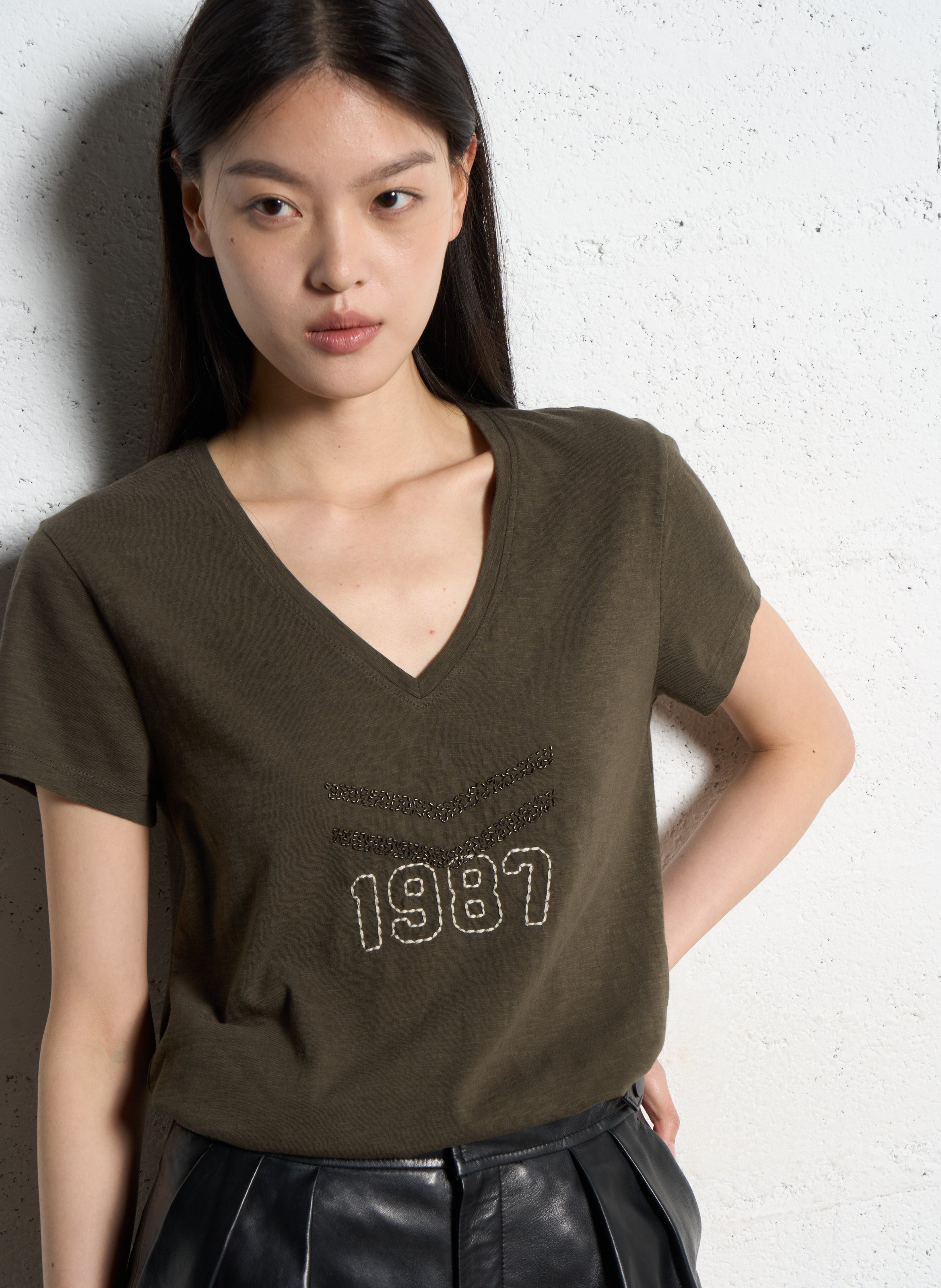 Tee-shirt col v en coton IKKS Kaki