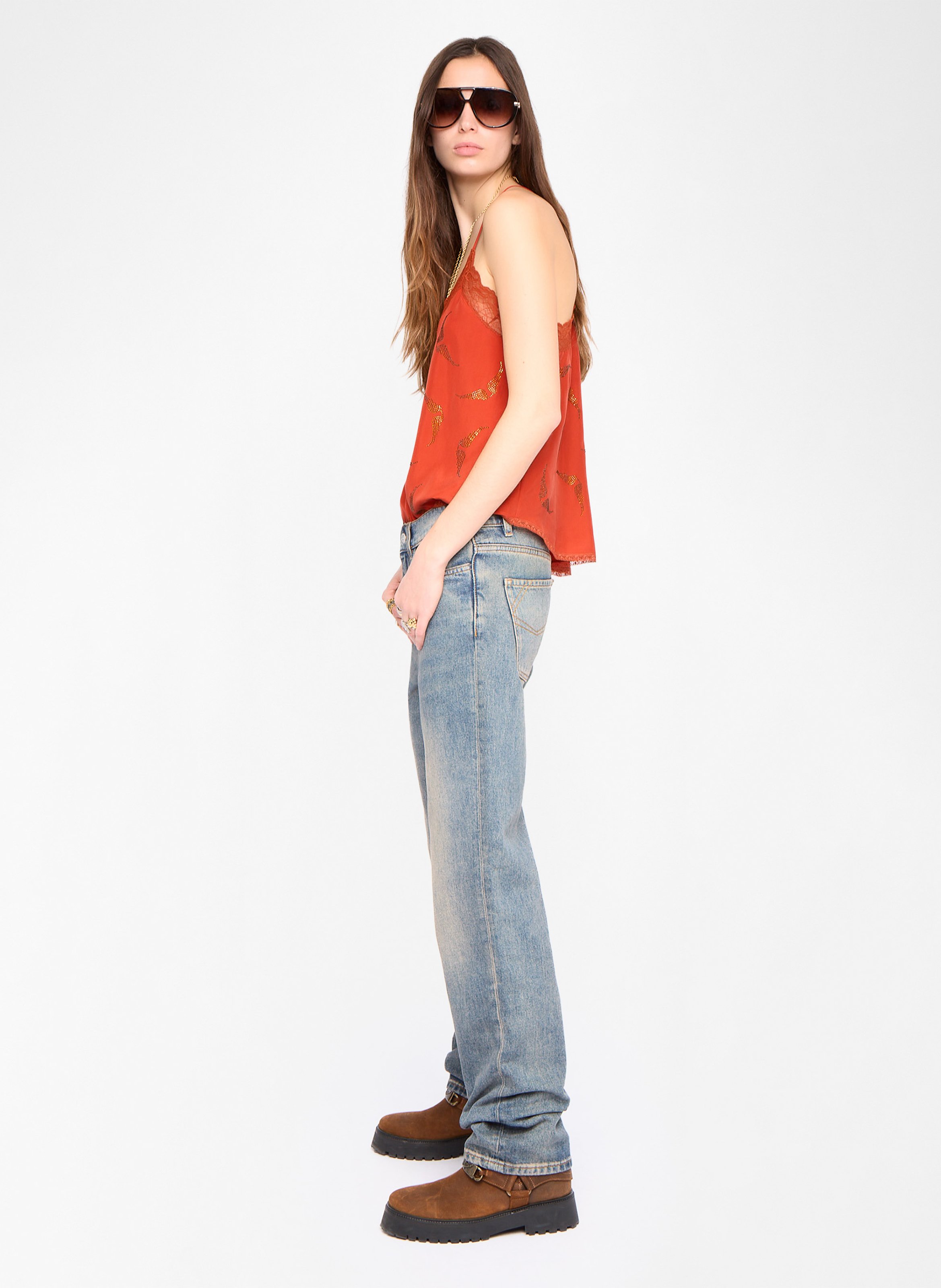 Top bretelles à strass et dentelle en soie christy ZADIG&VOLTAIRE Orange