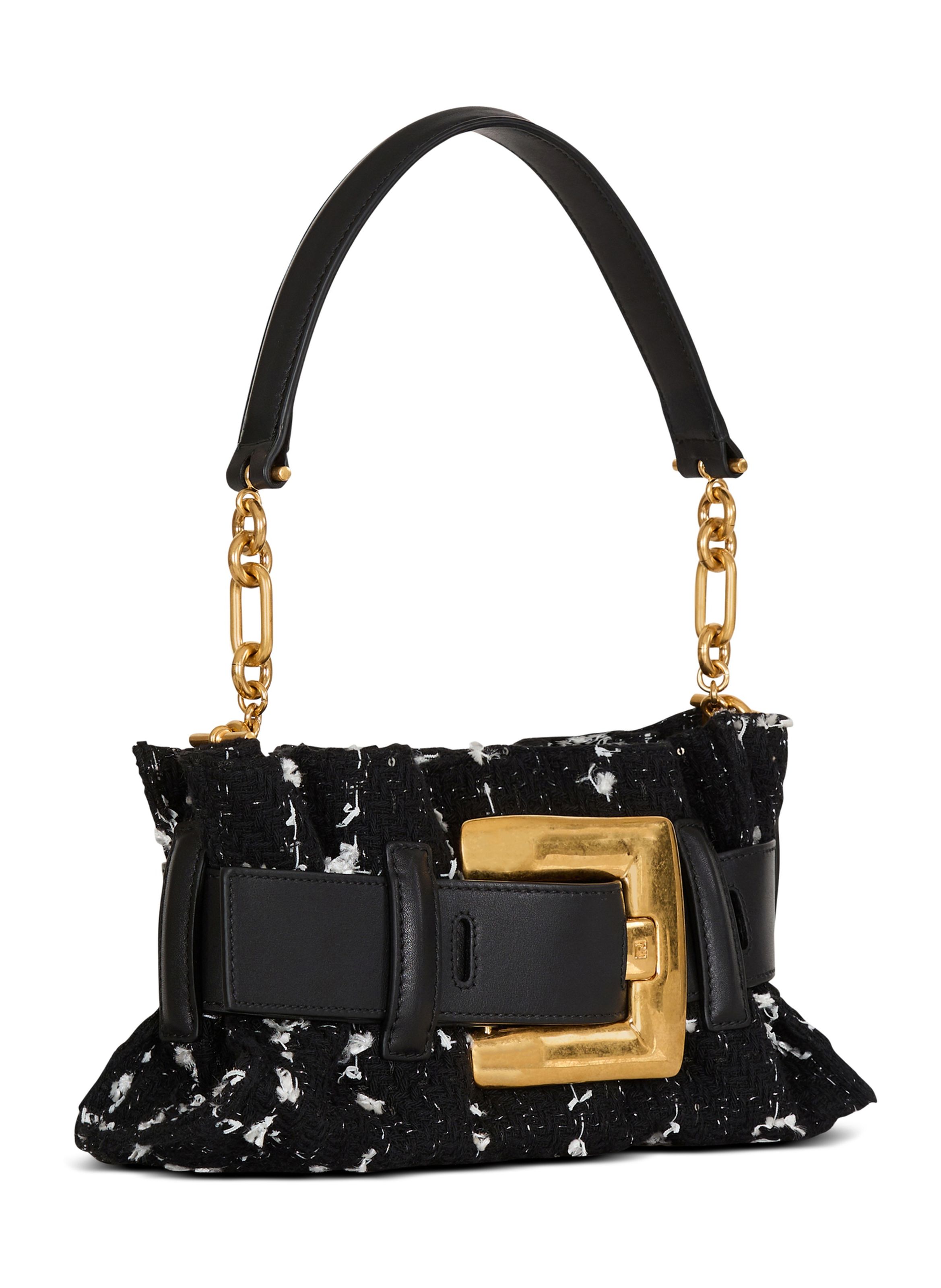 Sac anthem mini en tweed et cuir lisse BALMAIN Noir