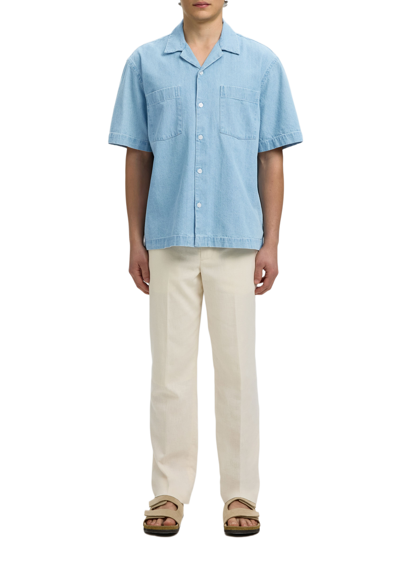 Short-sleeved Cuban collar shirt in cotton SELECTED Blue