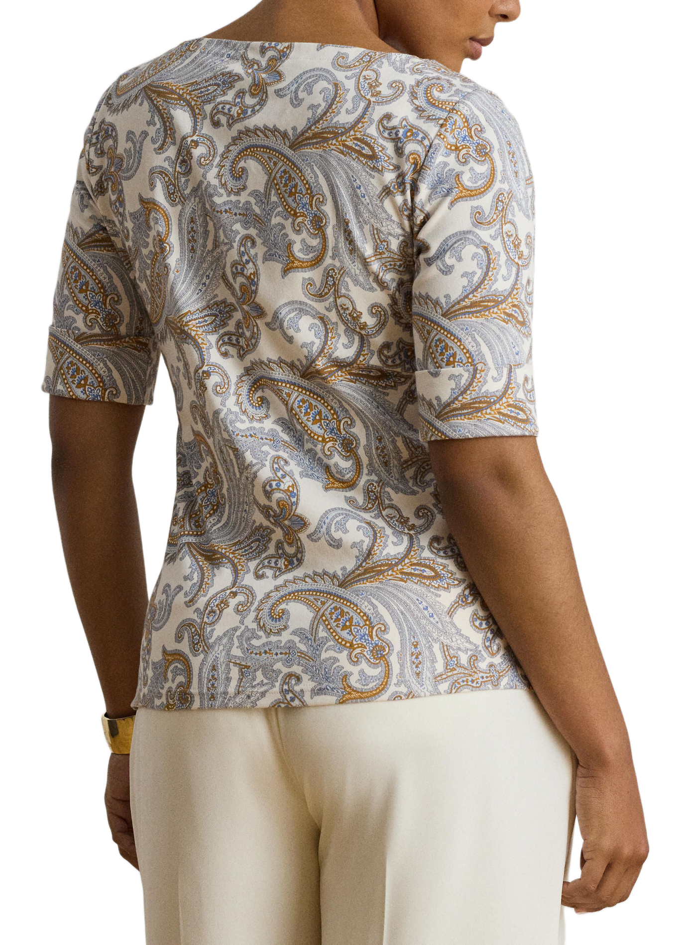 Printed boat neck t-shirt in blended cotton LAUREN White