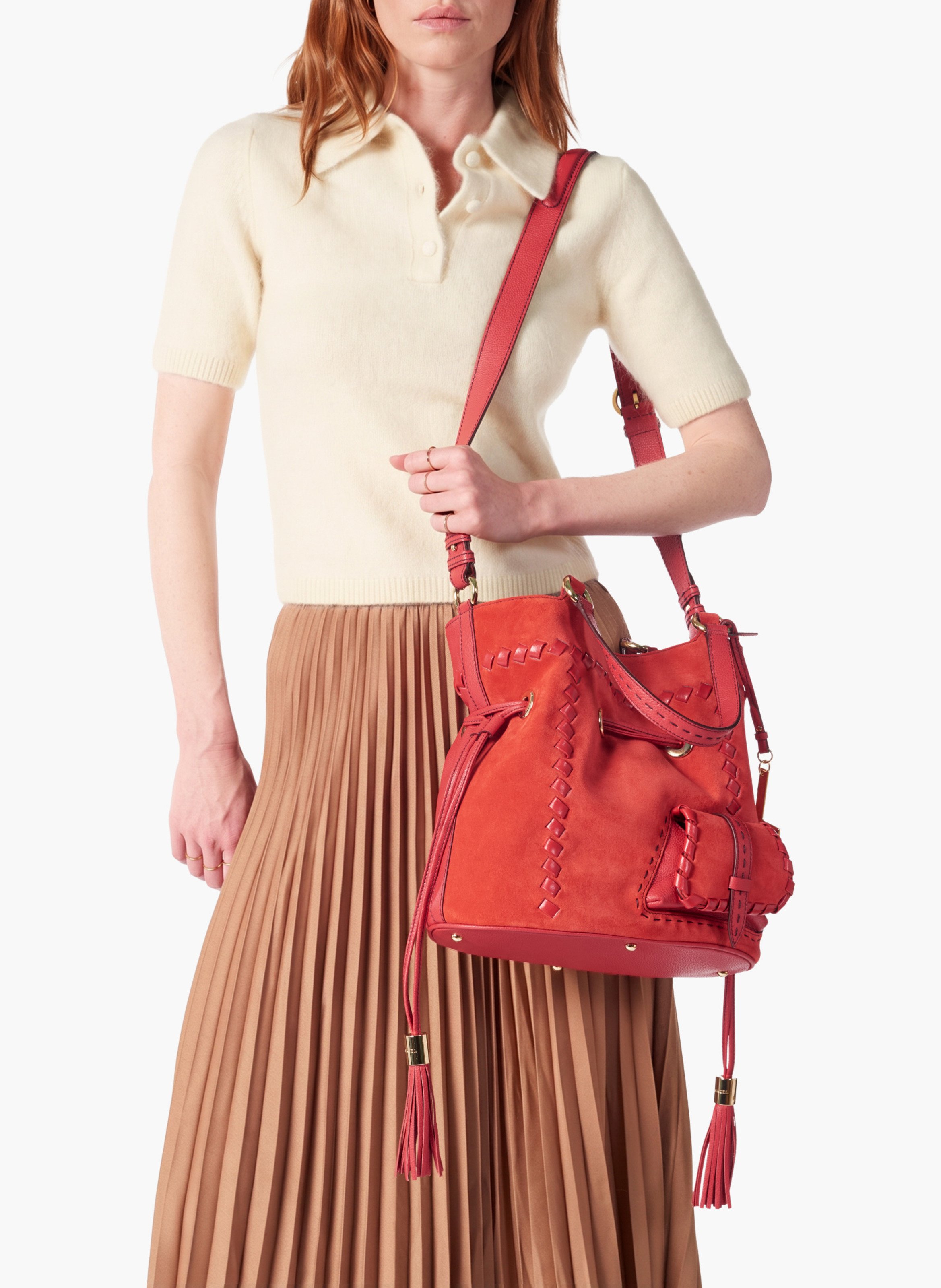 Sac seau premier flirt de lancel en animation 150y whipstitched : cuirs de vachette suede & graine LANCEL Rouge