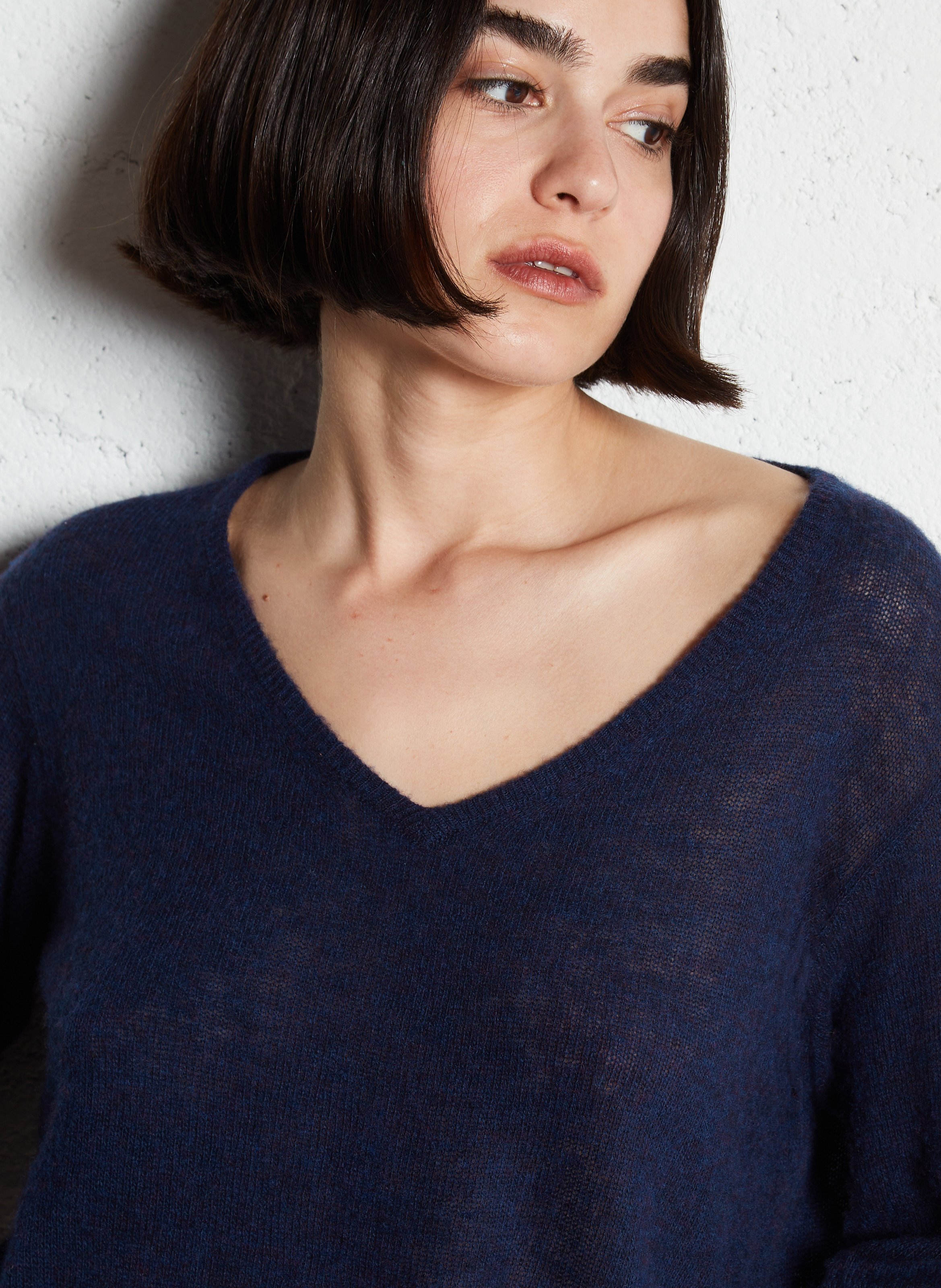 Pull court col v en laine mélangé dumy AMERICAN VINTAGE Bleu