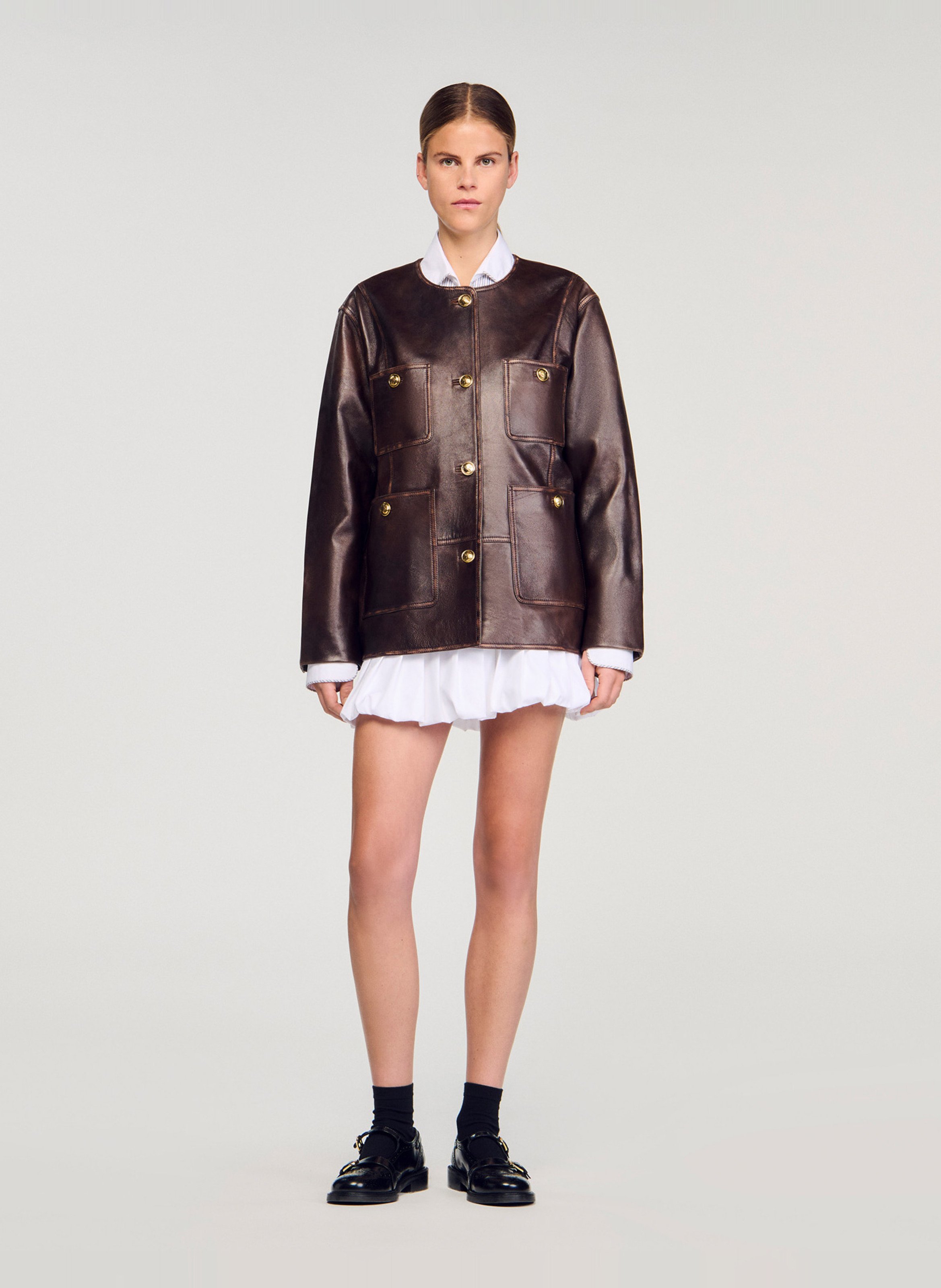 Blouson col rond en cuir SANDRO Marron