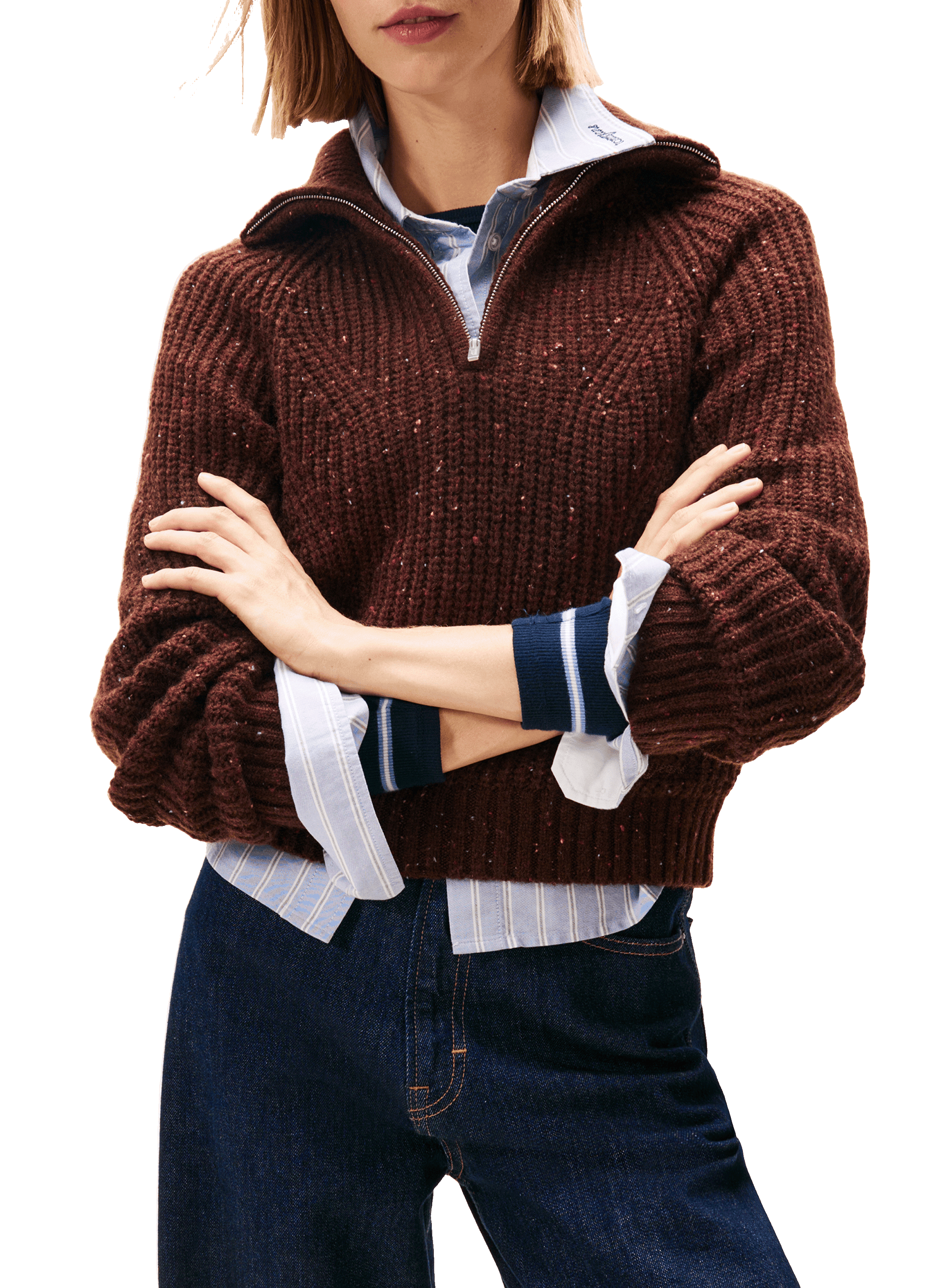 TOMMY HILFIGER Pull zippé avec laine à logo Marron