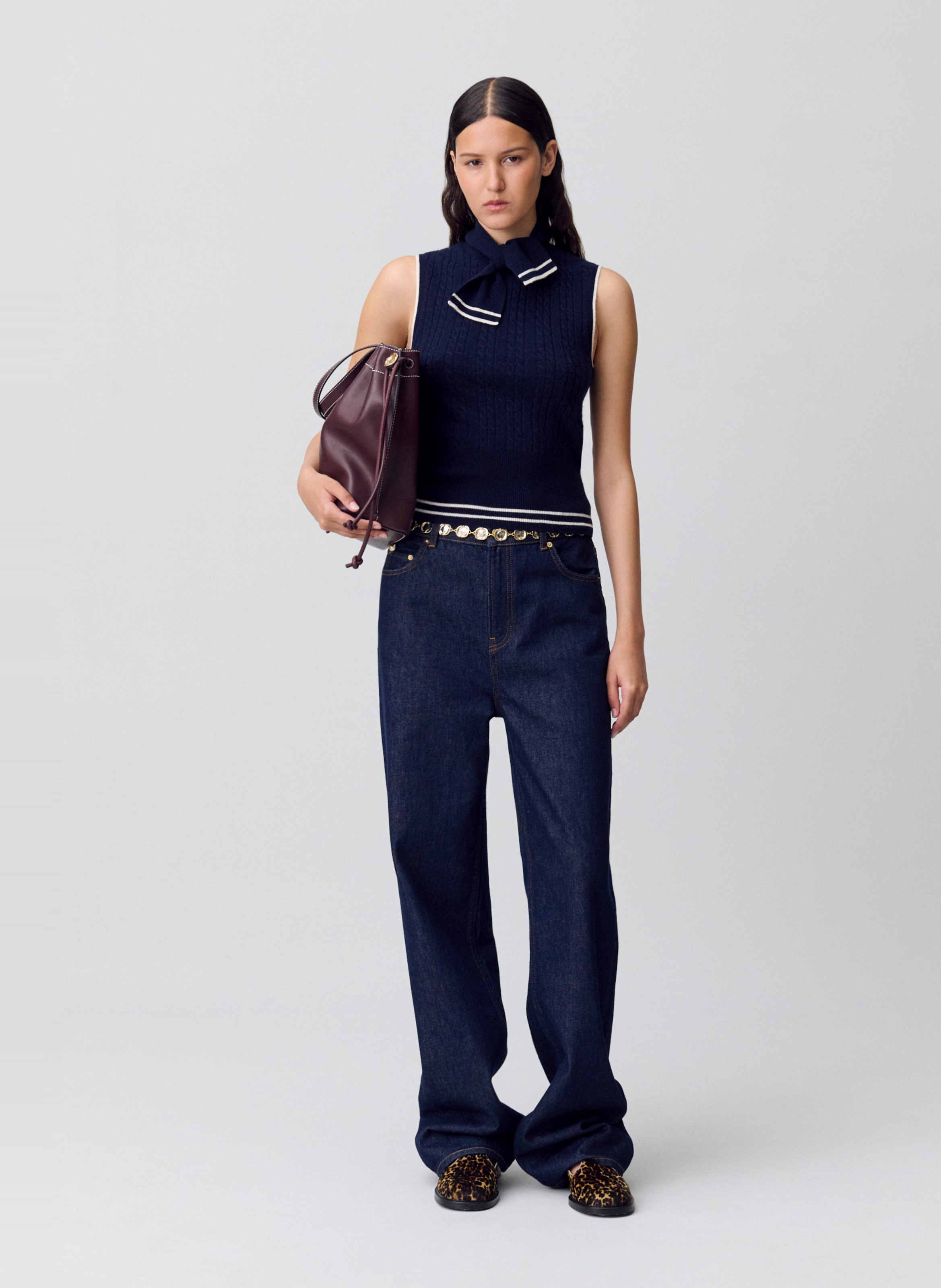 Pull col foulard en maille sans manches madame Bleu