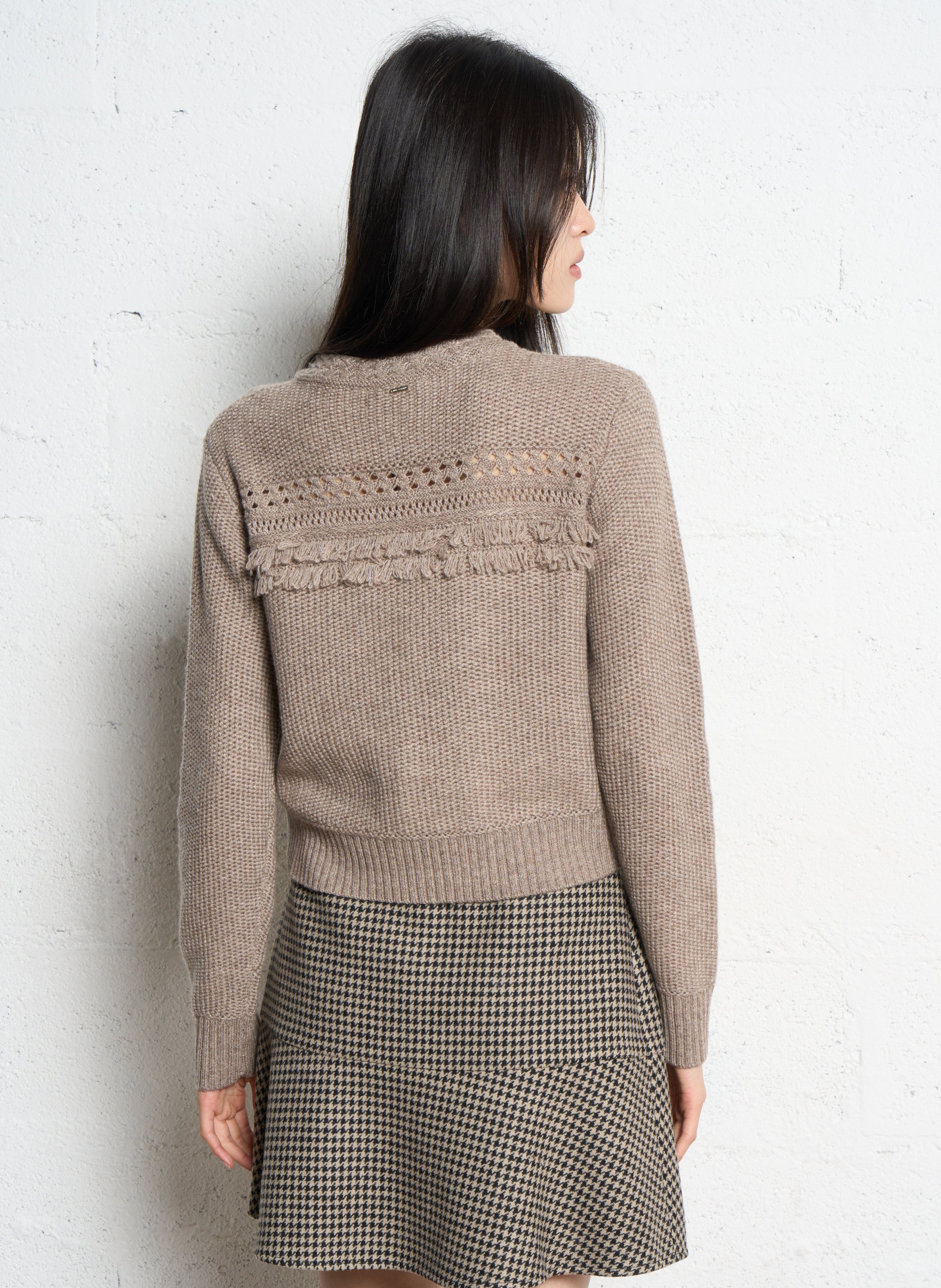 Cardigan court ajusté en maille fantaisie IKKS Beige