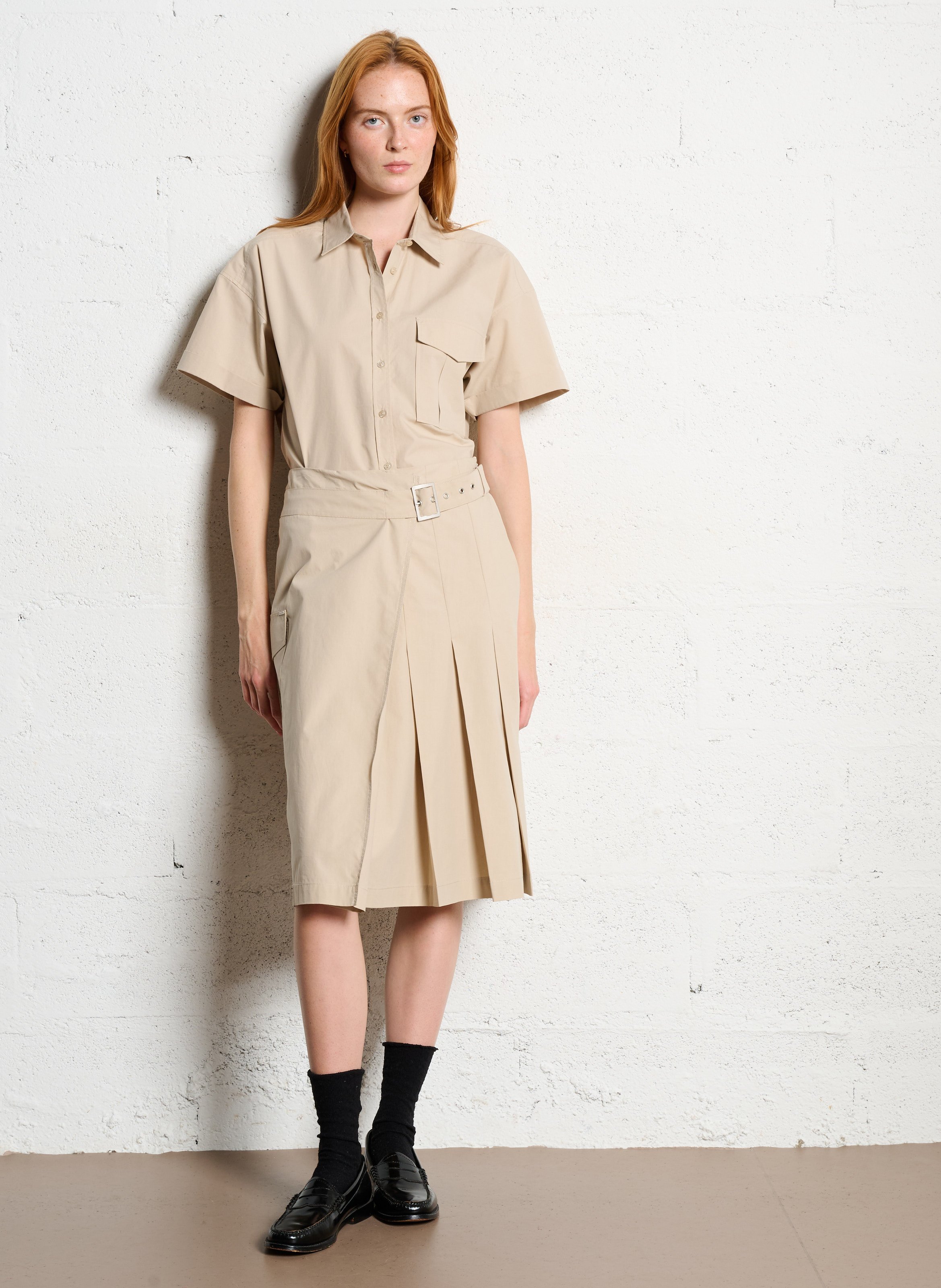 Chemise droite élastiquée en coton IKKS Beige