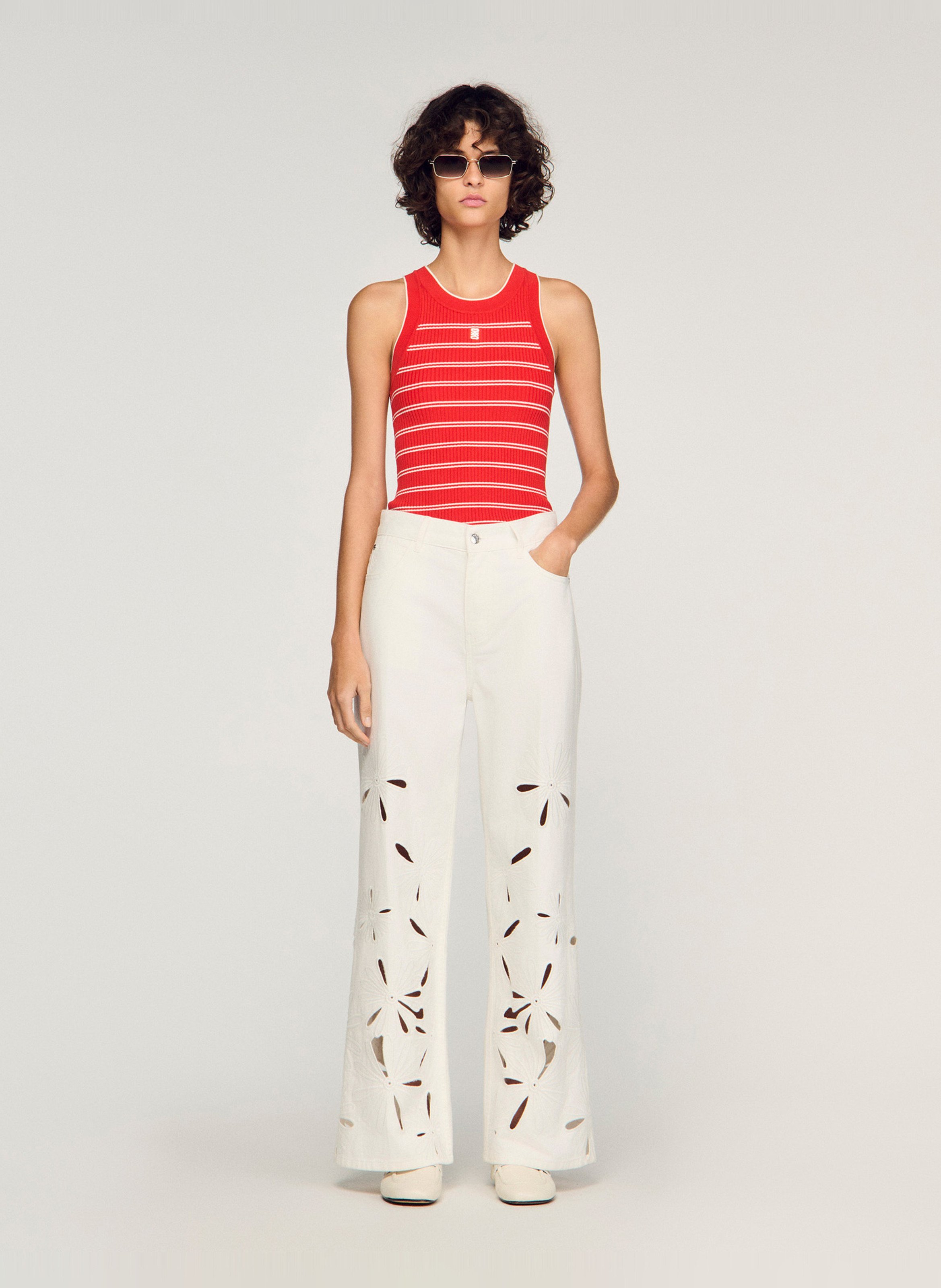 Jean large brodé en coton SANDRO Blanc