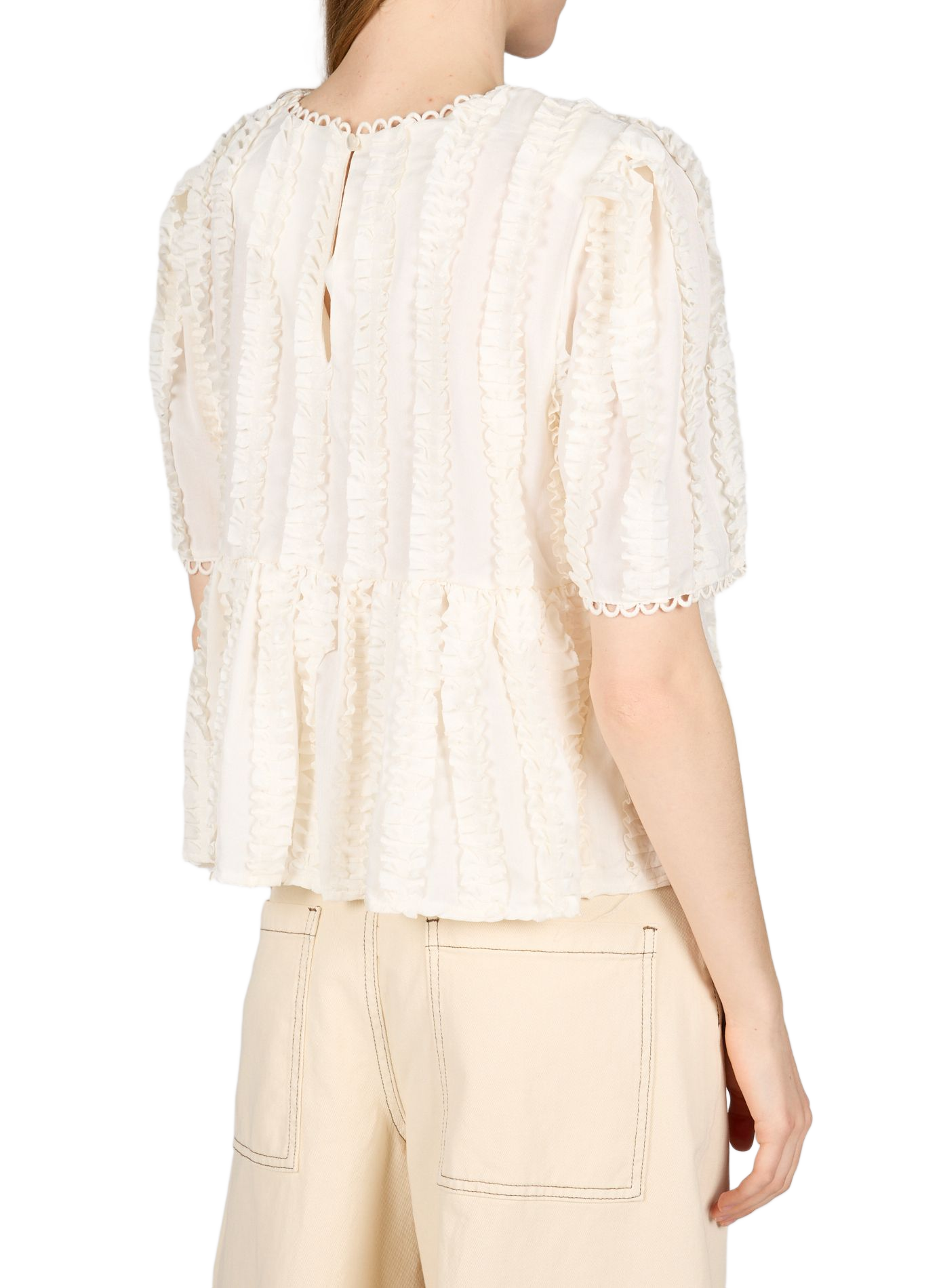 Top with ruffled round neckline scalloped OBJECT Beige
