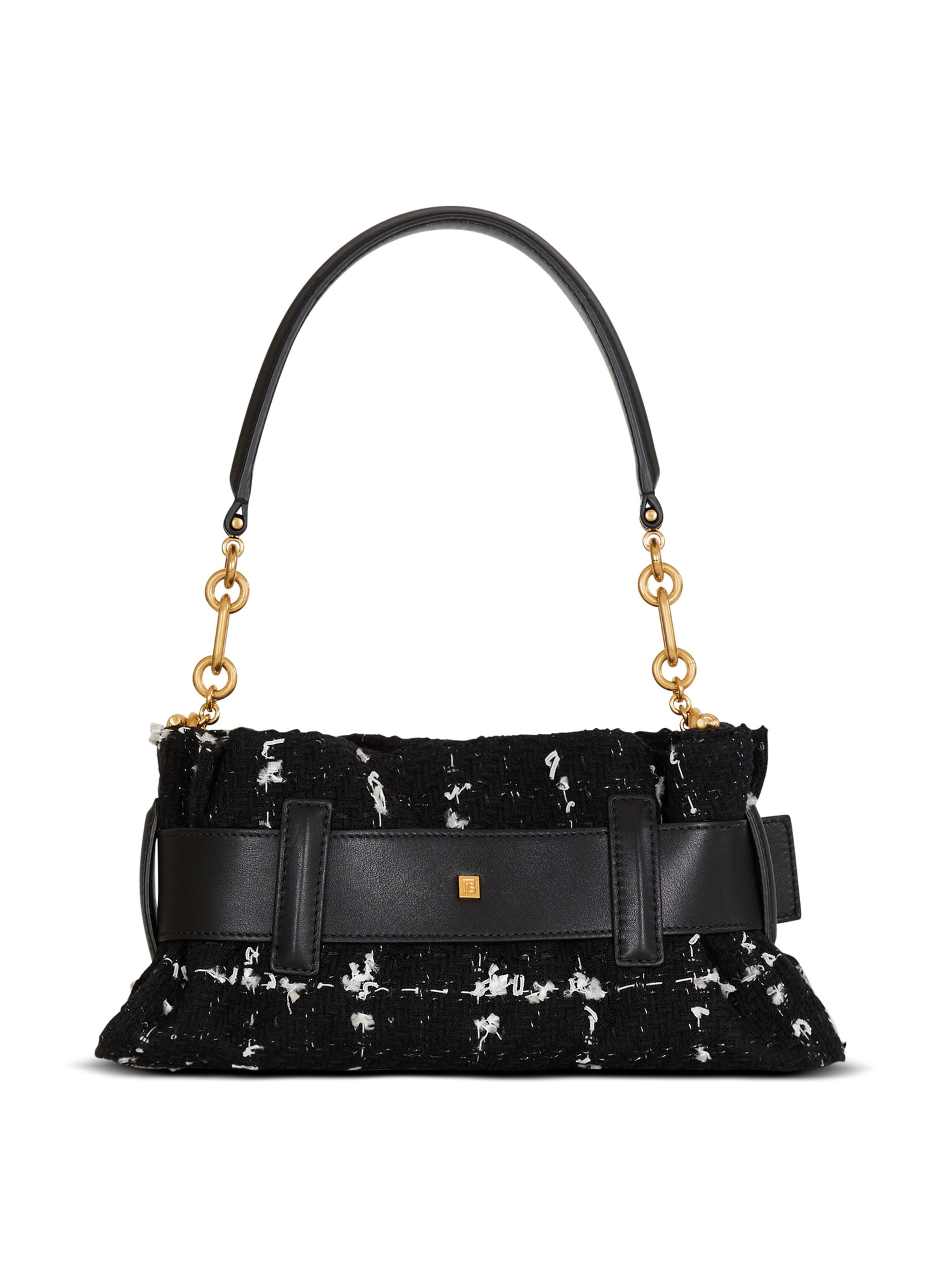 Sac anthem mini en tweed et cuir lisse BALMAIN Noir