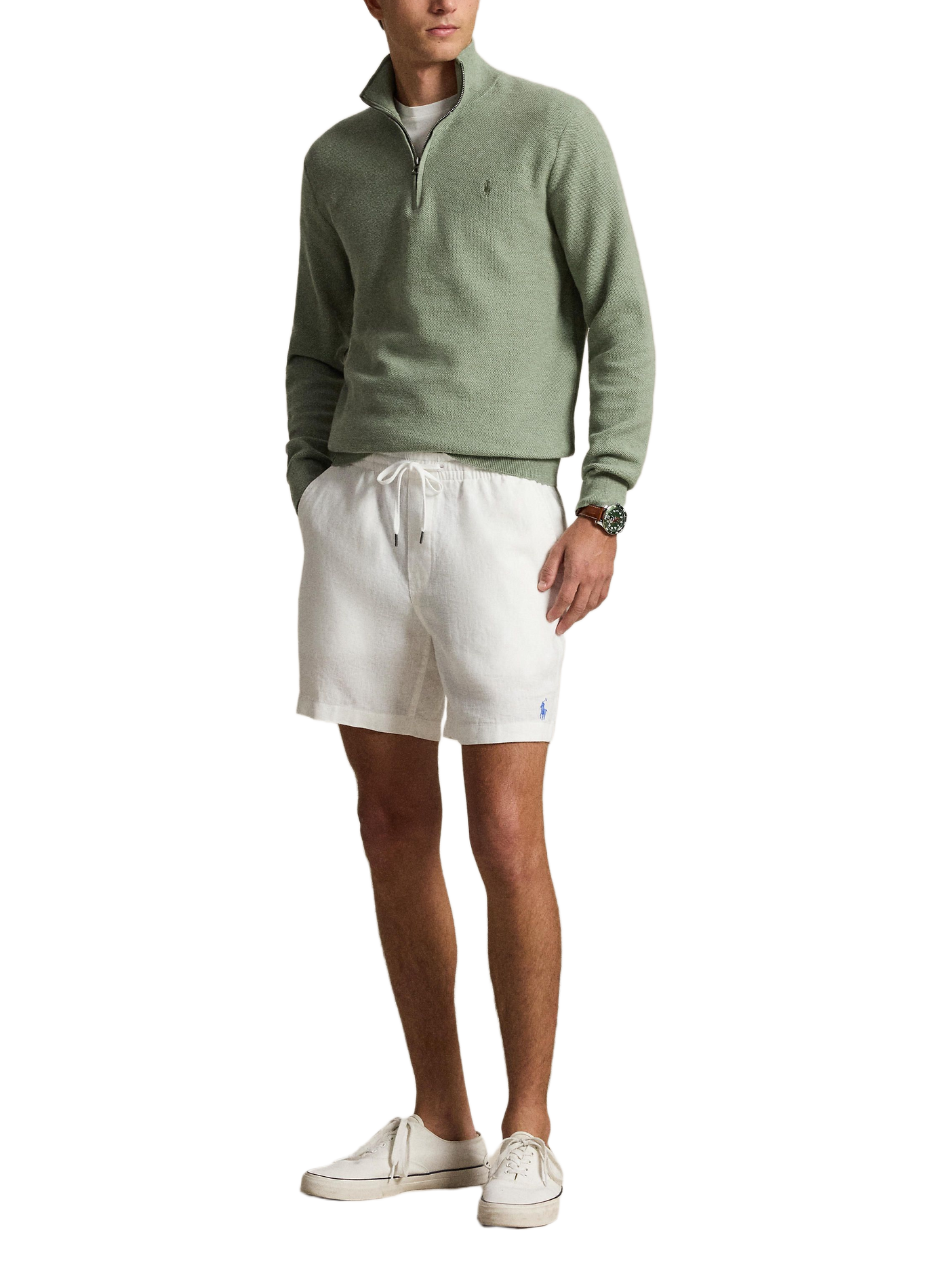 Cotton textured knit zip-up sweater. POLO RALPH LAUREN Green