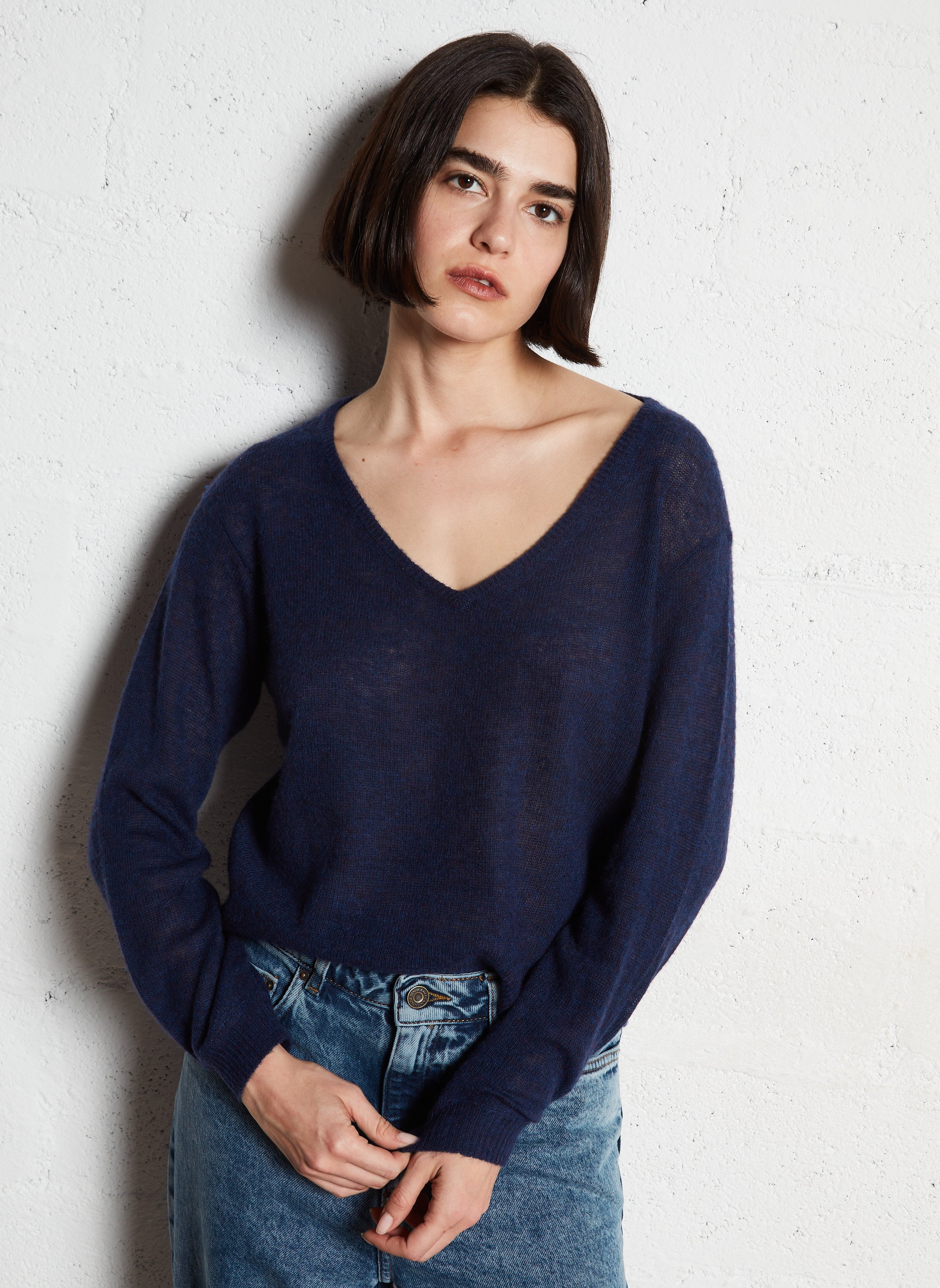 Pull court col v en laine mélangé dumy AMERICAN VINTAGE Bleu