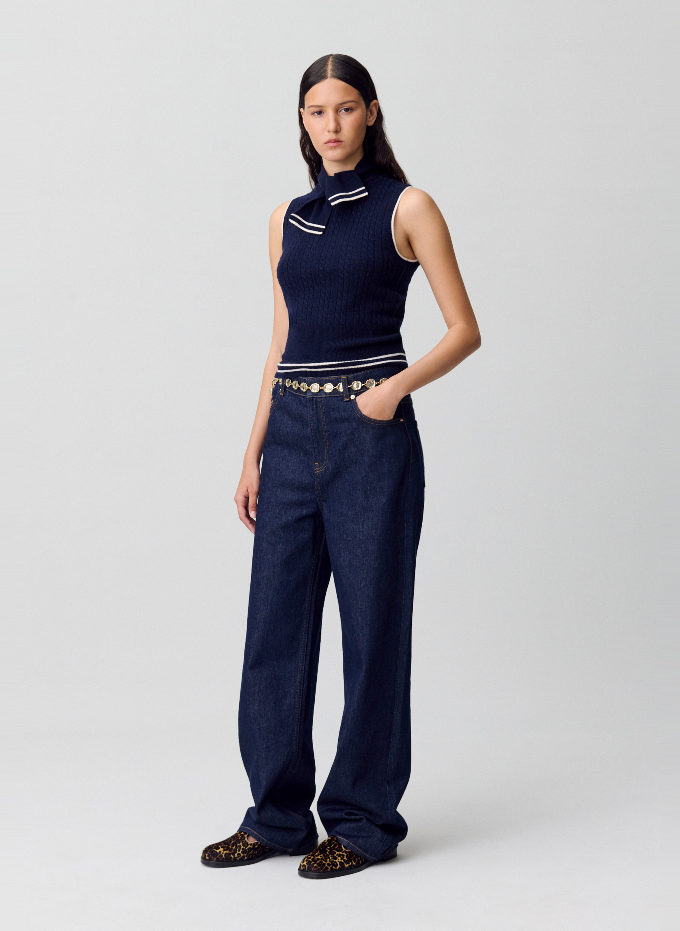 Pull col foulard en maille sans manches madame Bleu