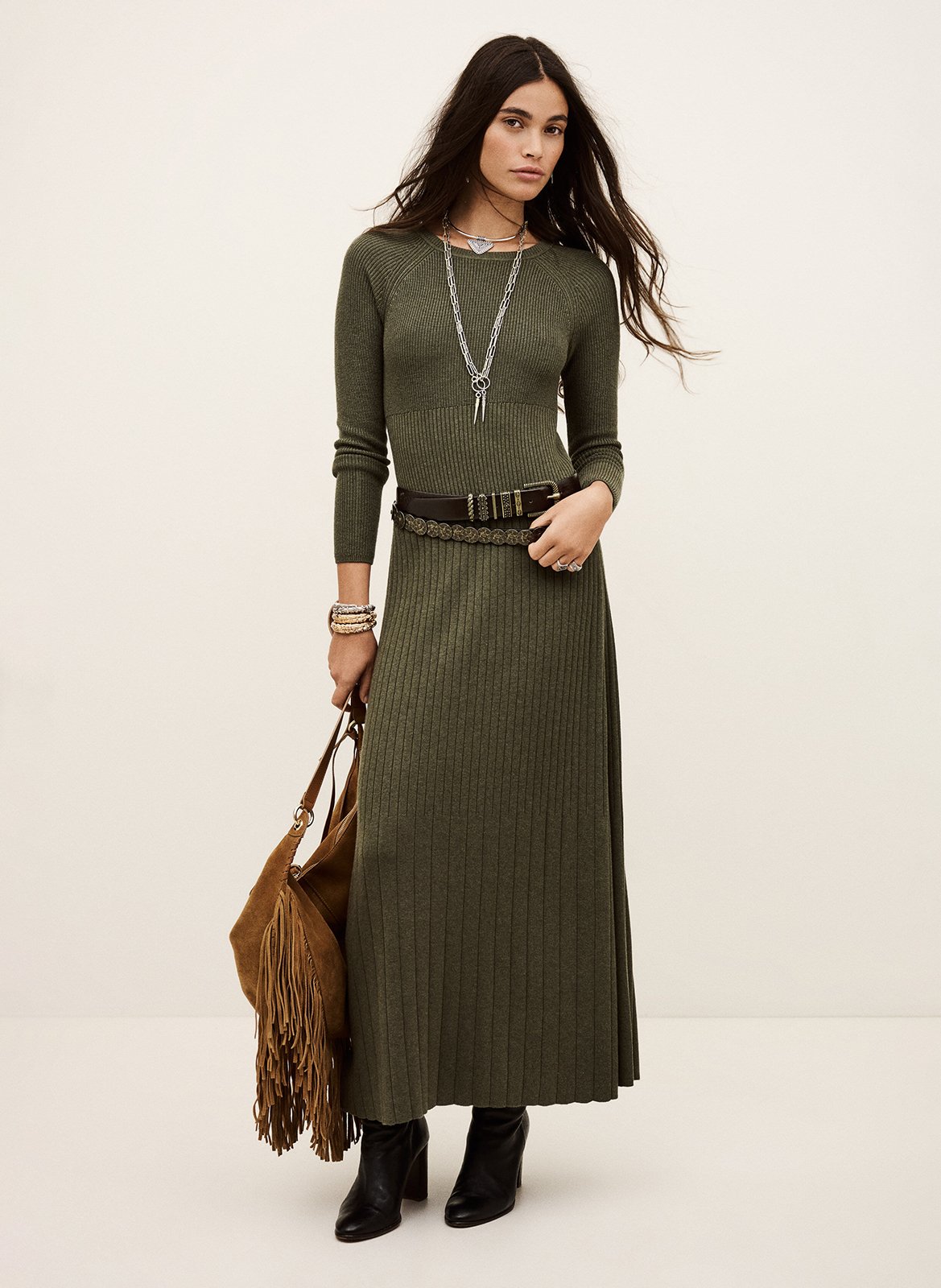 Robe longue col rond en laine mélangée elise BA&SH Kaki