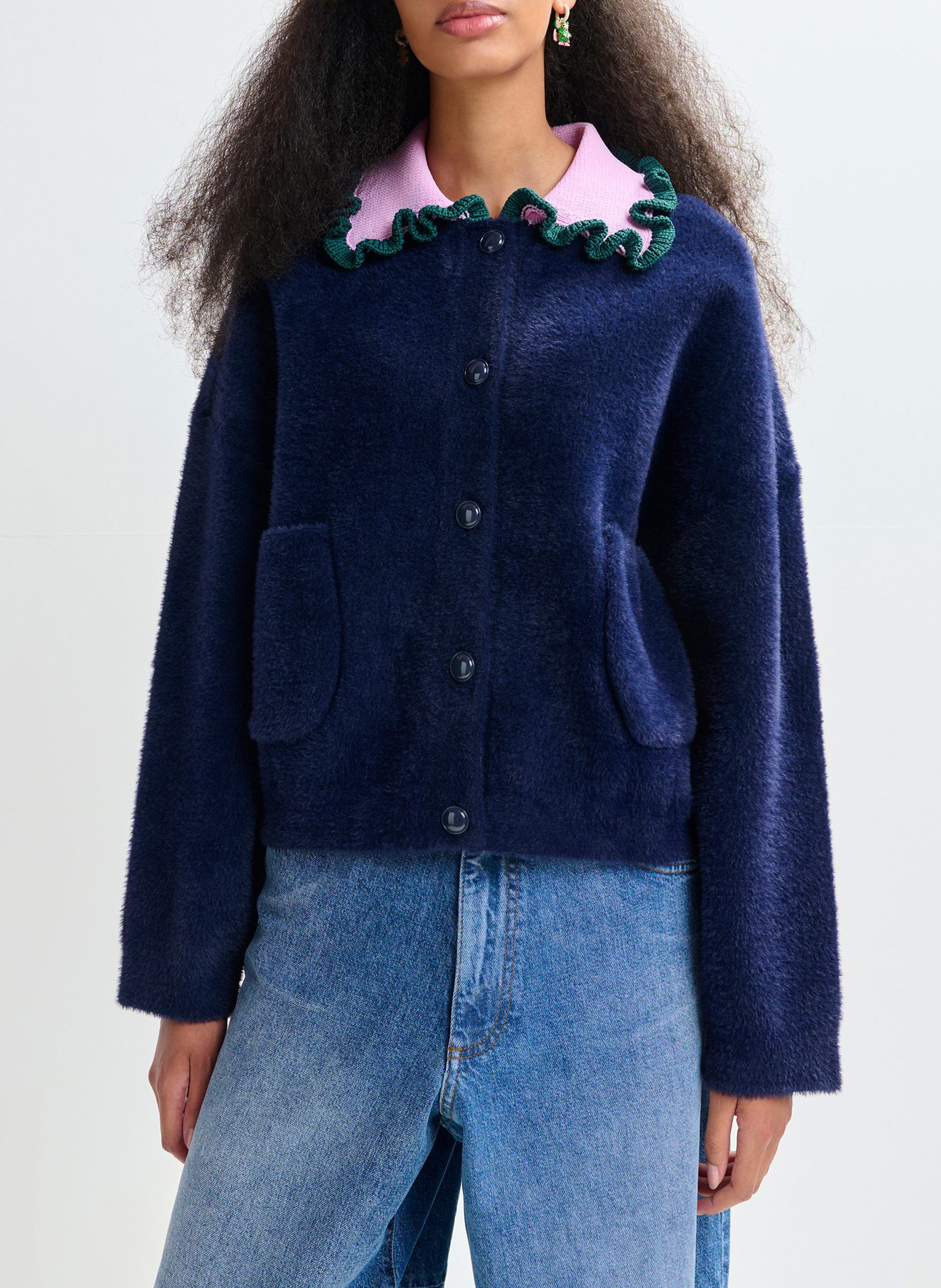 Cardigan droit col classique en maille jardener ESSENTIEL ANTWERP Bleu