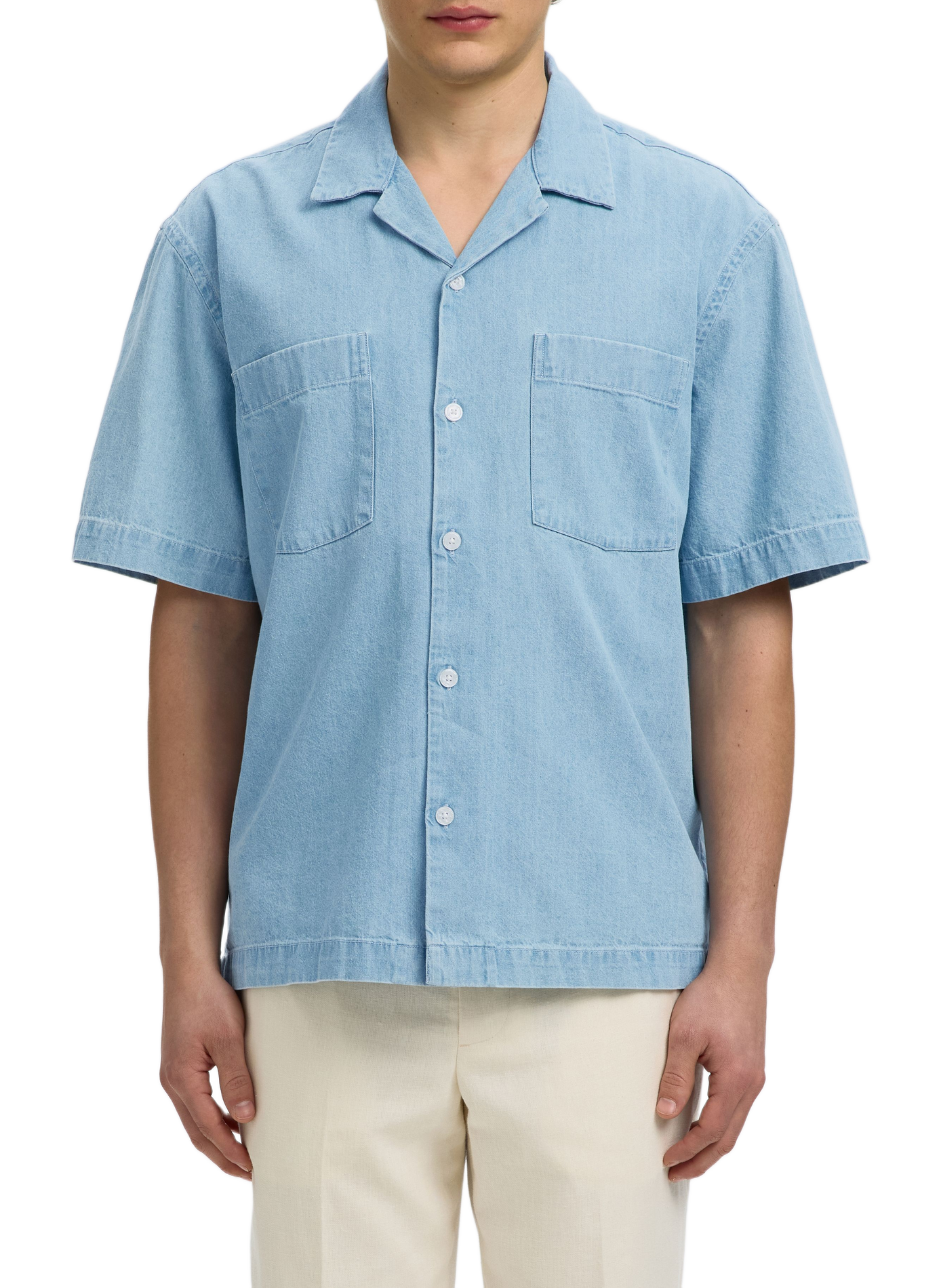Short-sleeved Cuban collar shirt in cotton SELECTED Blue